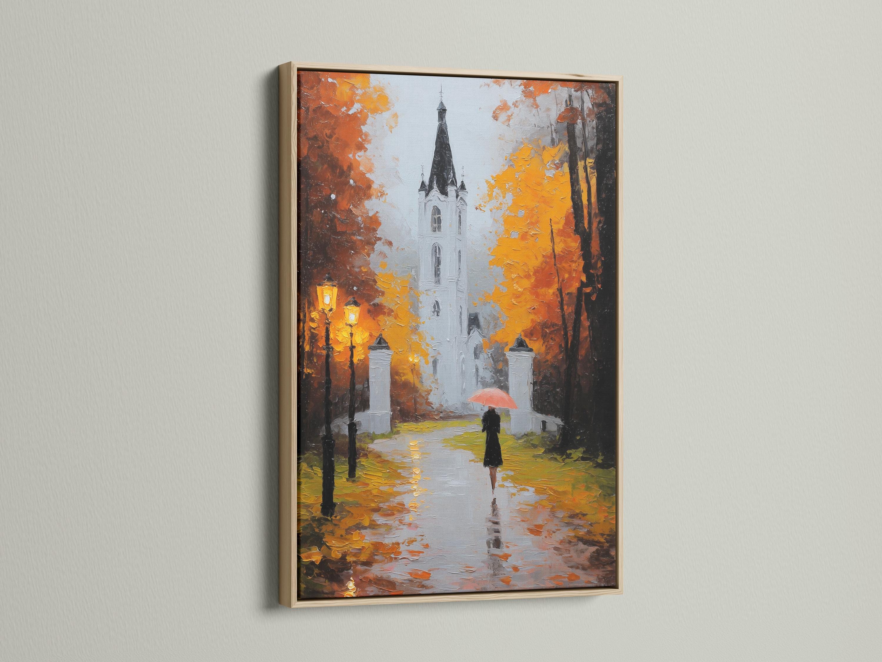 Painterly autumn street scene with a white church, orange leaves, and a figure holding a red umbrella detail view