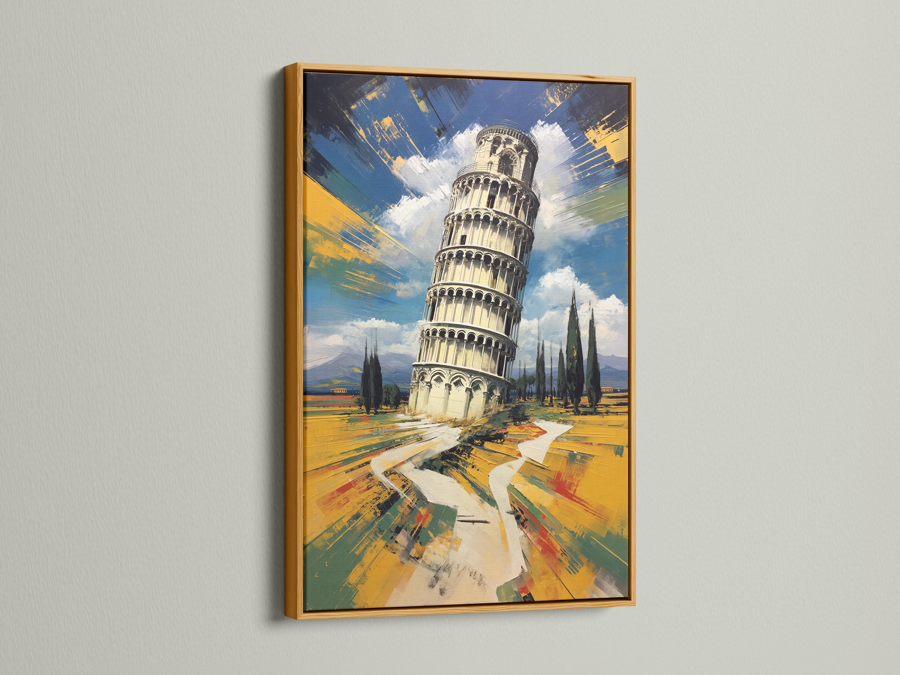 Man standing by a framed Leaning Tower of Pisa painting in an office-like room