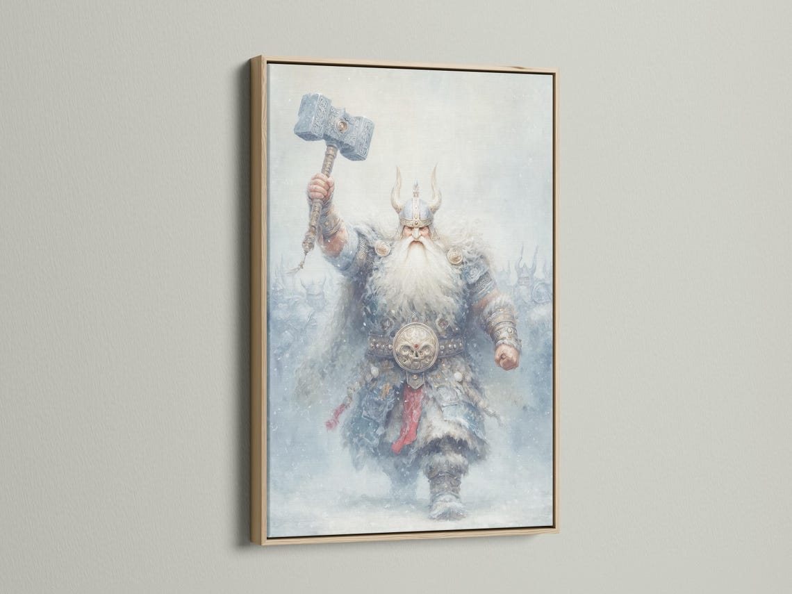 Misty Norse-style warrior holding a raised hammer in blue-grey tones with muted red accents detail view