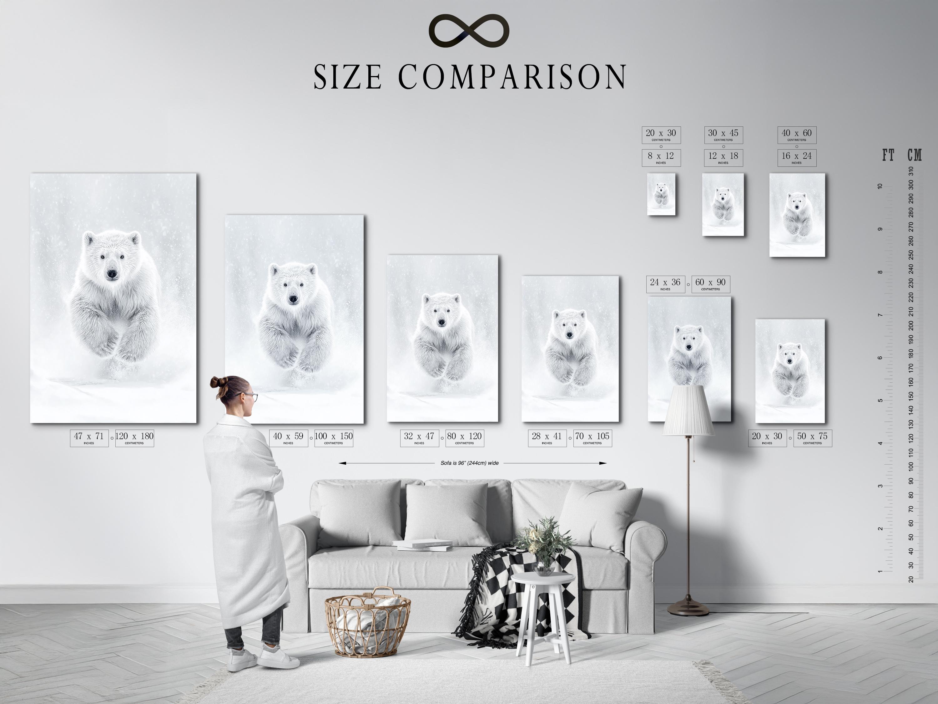 Room mockup showing a framed monochrome polar bear running artwork