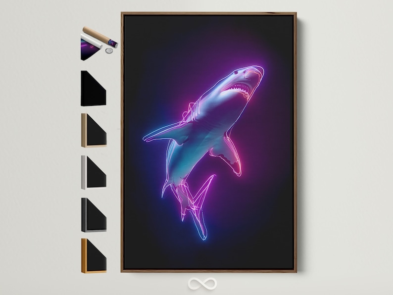 Neon line-drawn shark with magenta and cyan glow on a dark purple background
