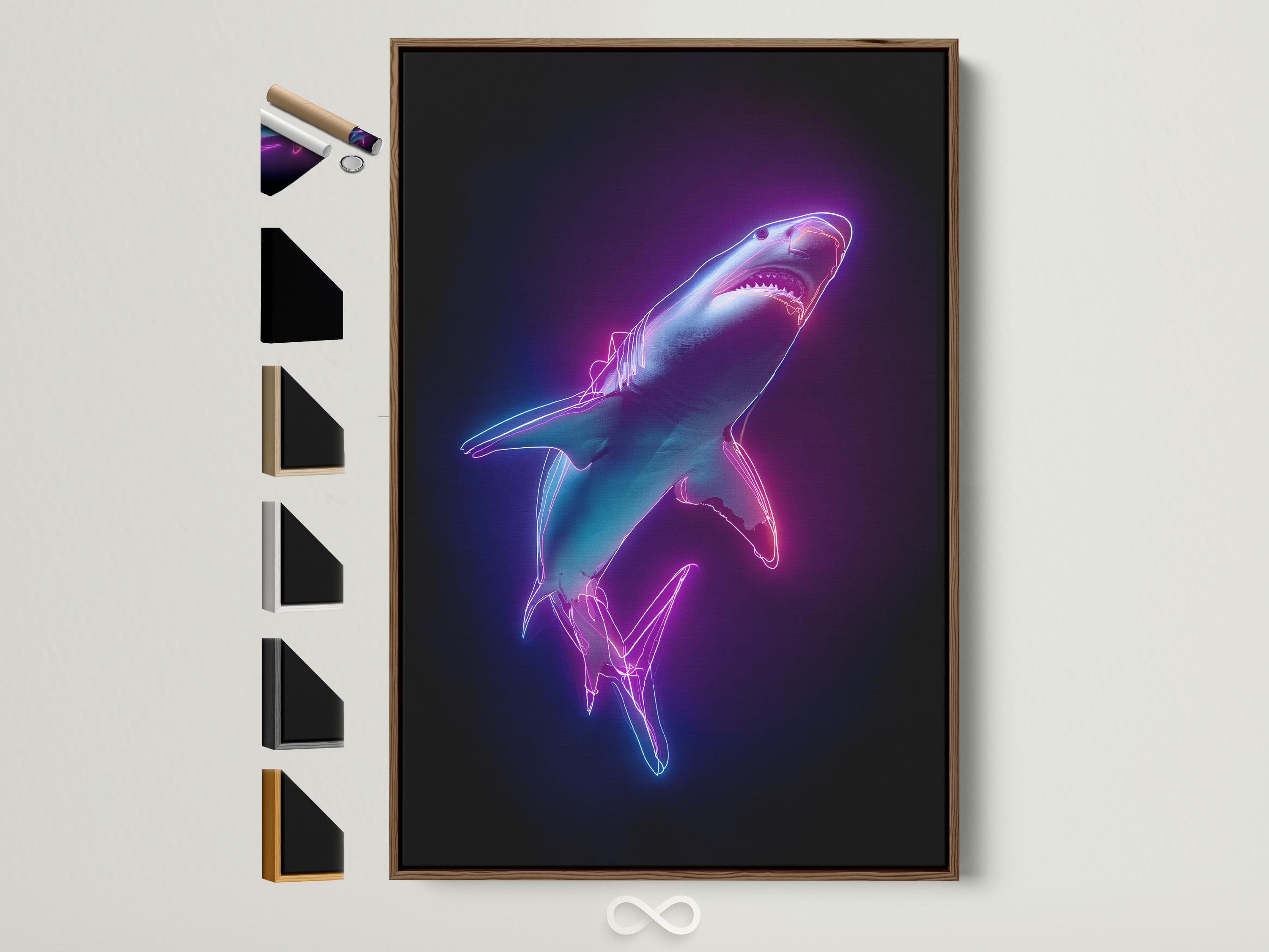 Neon line-drawn shark with magenta and cyan glow on a dark purple background