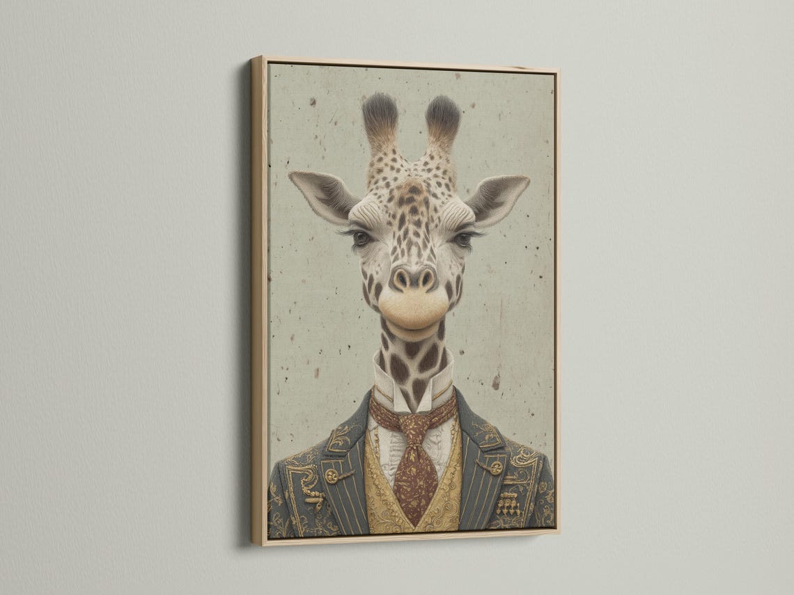 Vintage-style giraffe portrait wearing a formal suit, with antique gold and deep maroon details detail view