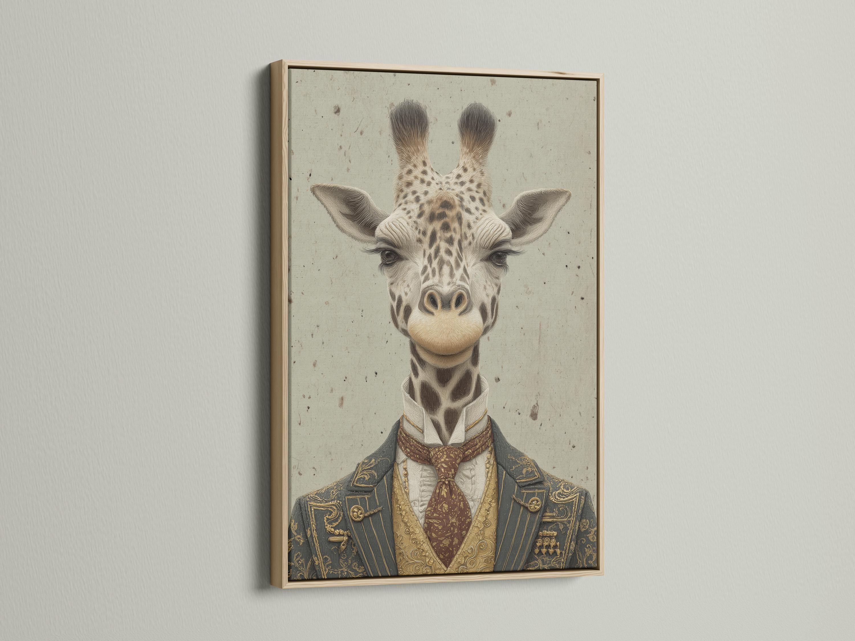 Vintage-style giraffe portrait wearing a formal suit, with antique gold and deep maroon details detail view