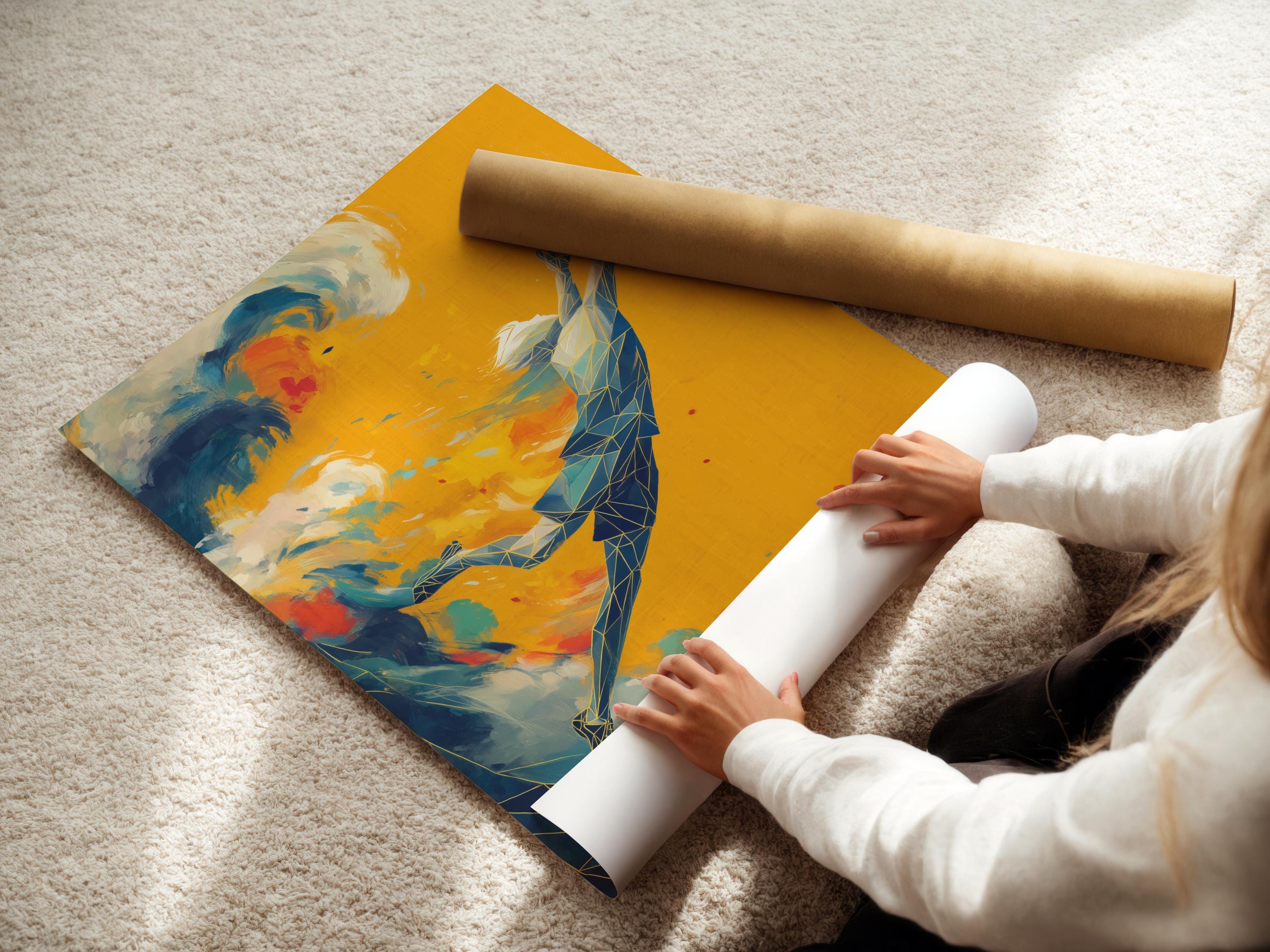 Geometric soccer player wall artwork shown in a framed mockup on a light wall