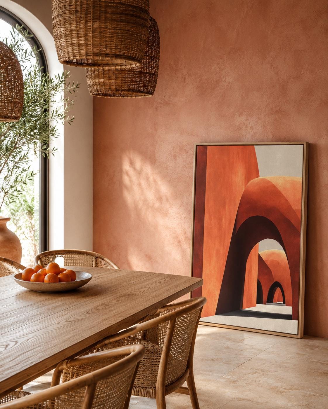 Abstract geometric archway artwork in terracotta, cream and dark outlines detail view