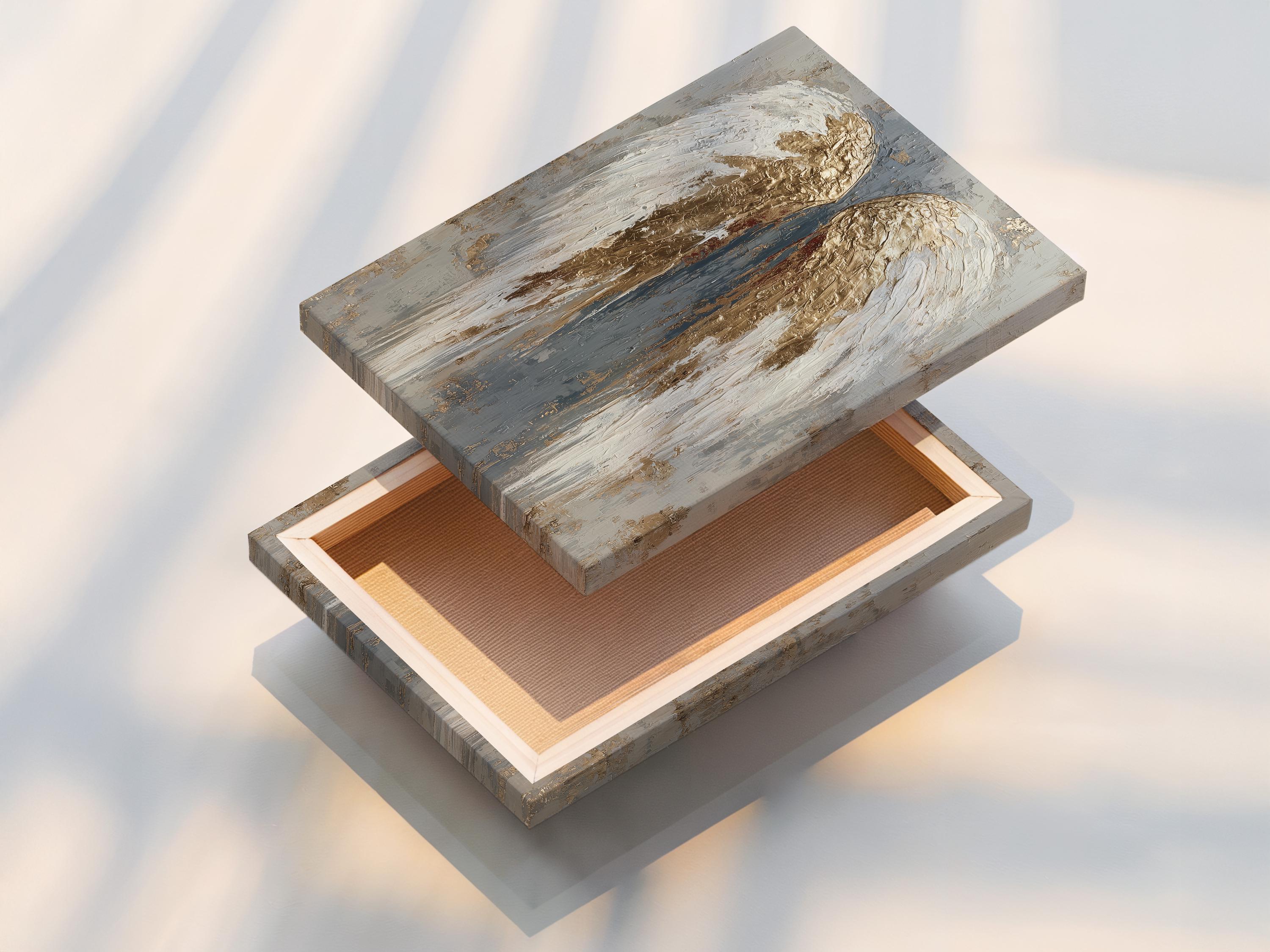 An angel-wing motif is shown symmetrically in layered white, grey and gold leaf-like tones, set against a textured neutral background detail view