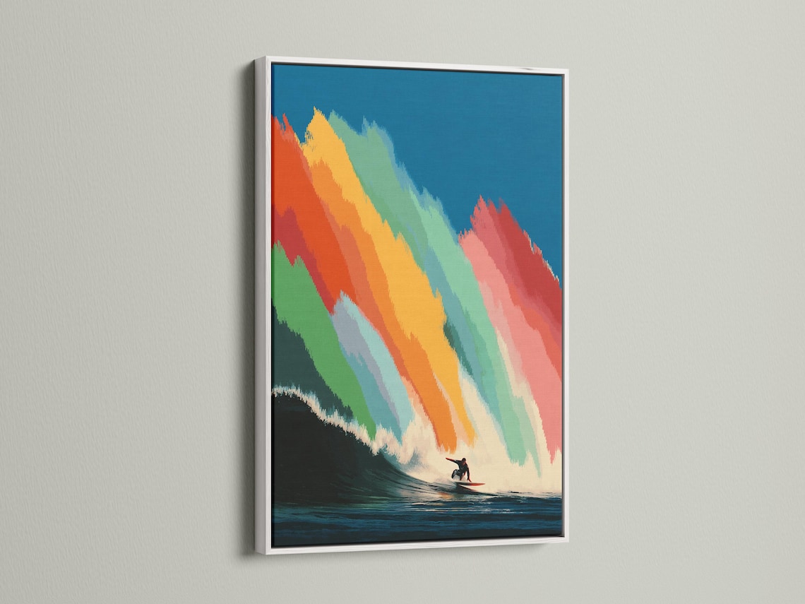 Rainbow-striped ocean wave with a surfer silhouette riding near the bottom right detail view