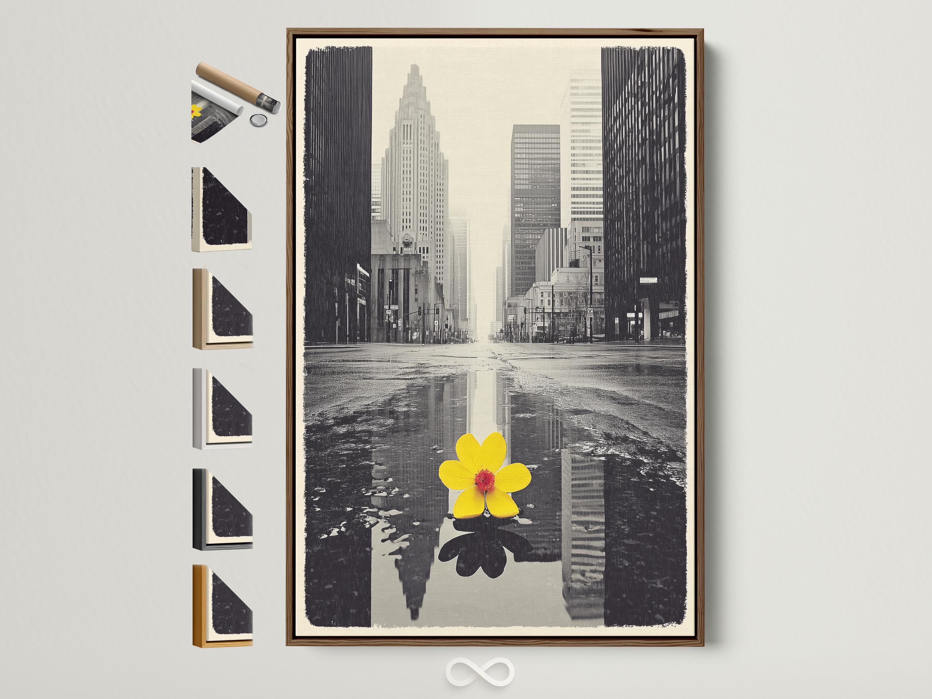 A monochrome city skyline is overlaid with a single bright yellow flower, reflected in water-like bands, creating a high-contrast urban accent detail