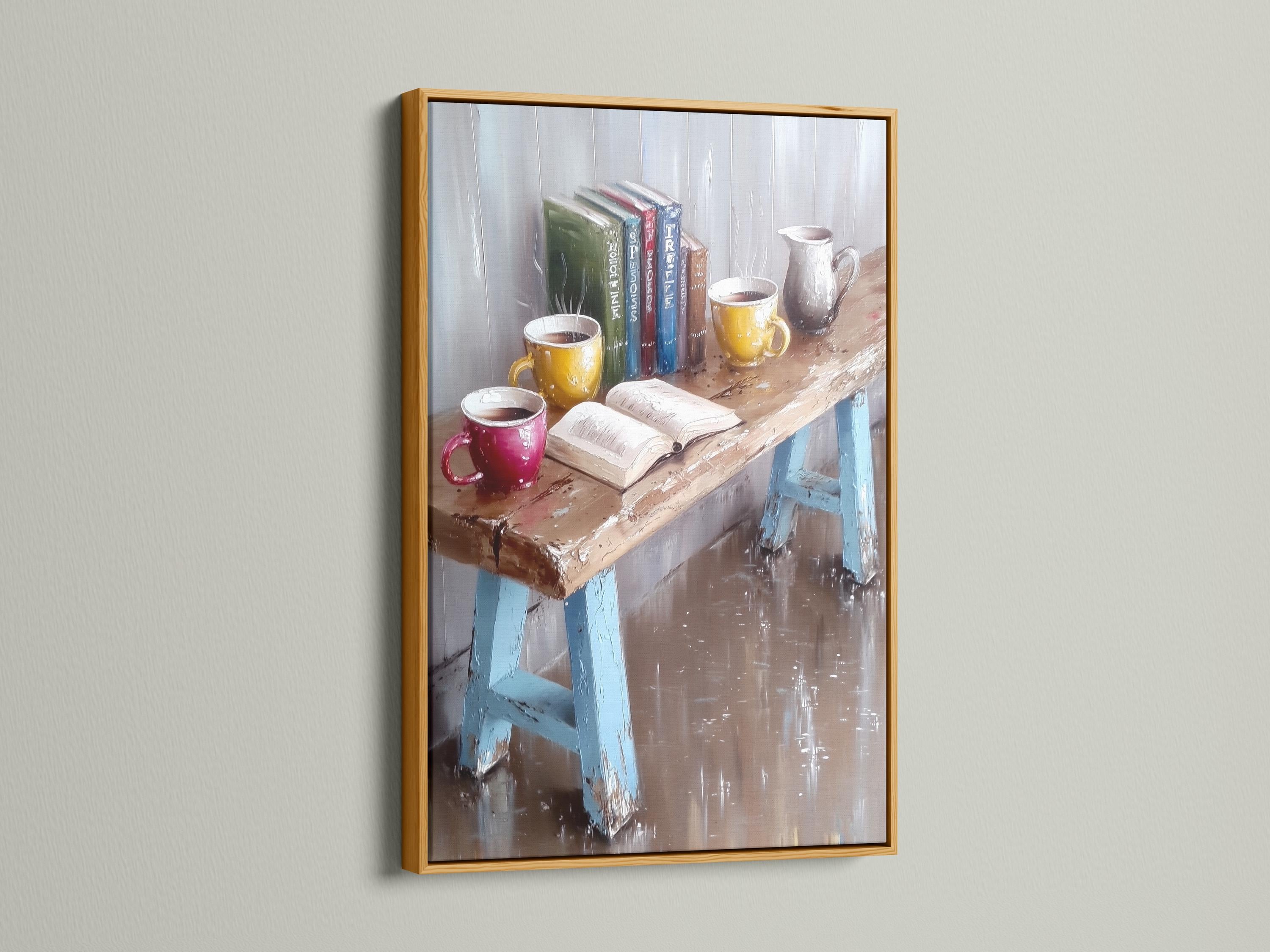 Painterly still life showing books and coffee mugs with warm highlights on a textured grey-blue background detail view