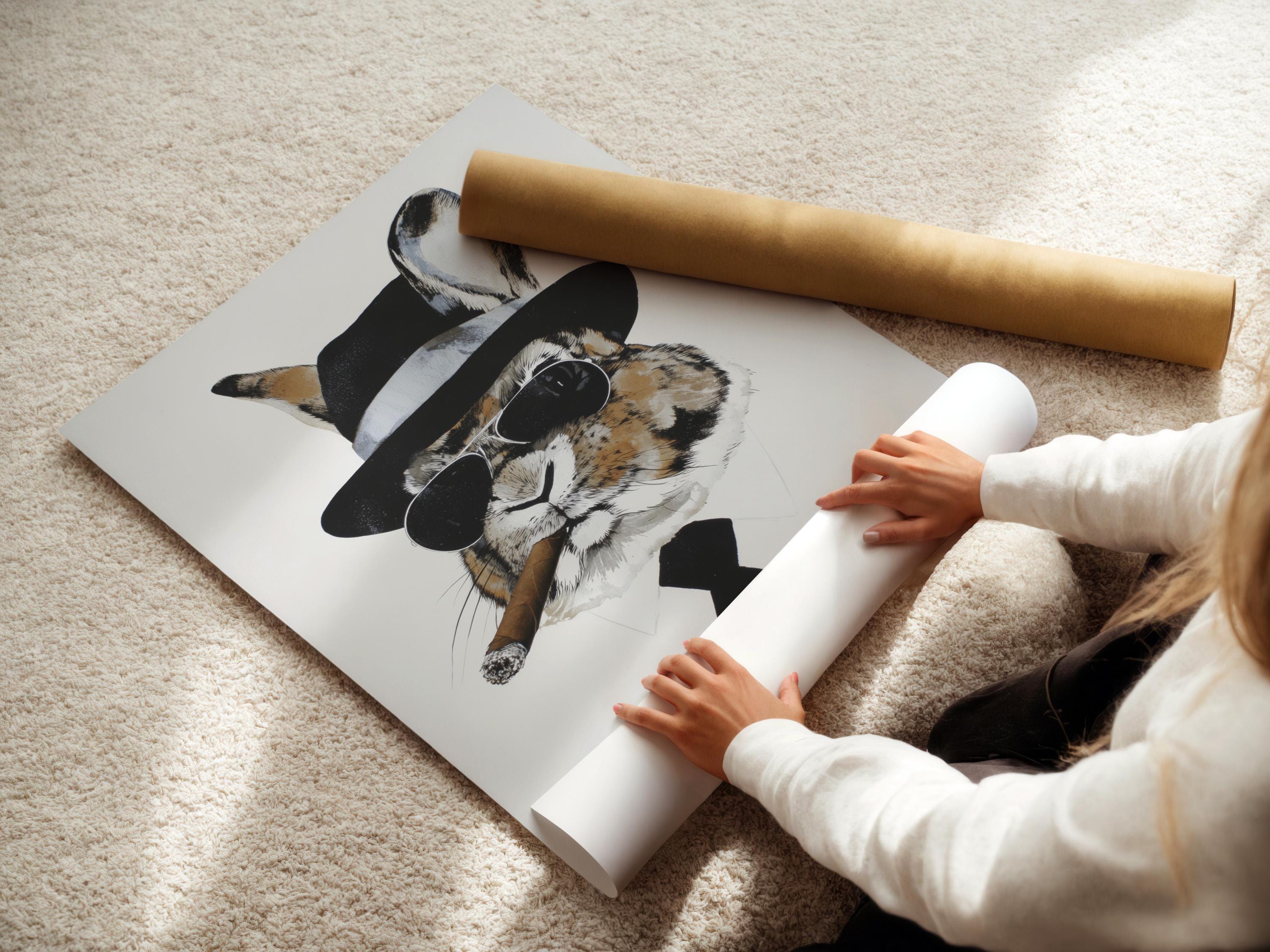 Illustrated rabbit wearing a black top hat, round sunglasses and bow tie on a light background detail view