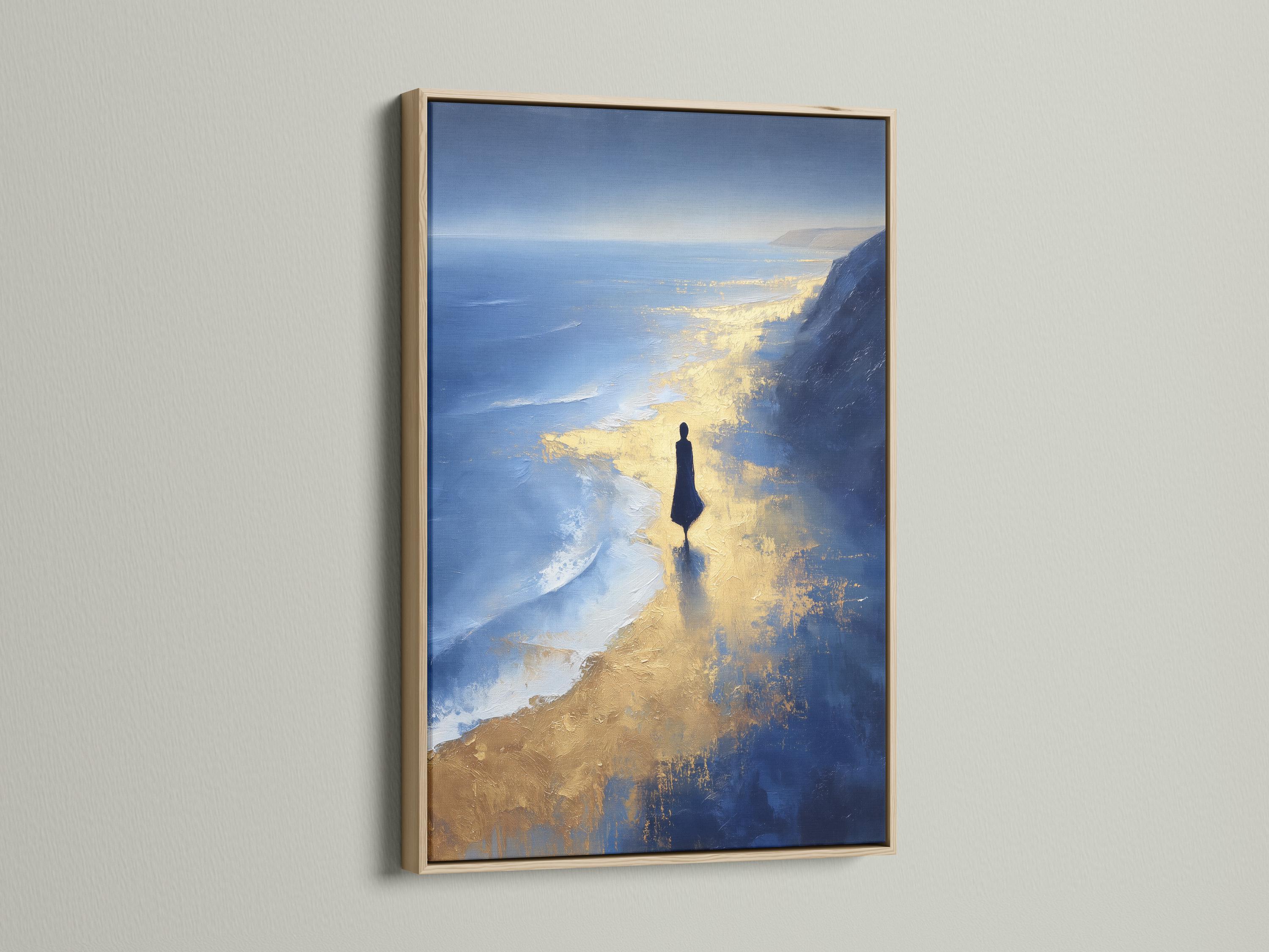Painterly navy blue seascape with gold reflections and a dark human silhouette near the shoreline detail view