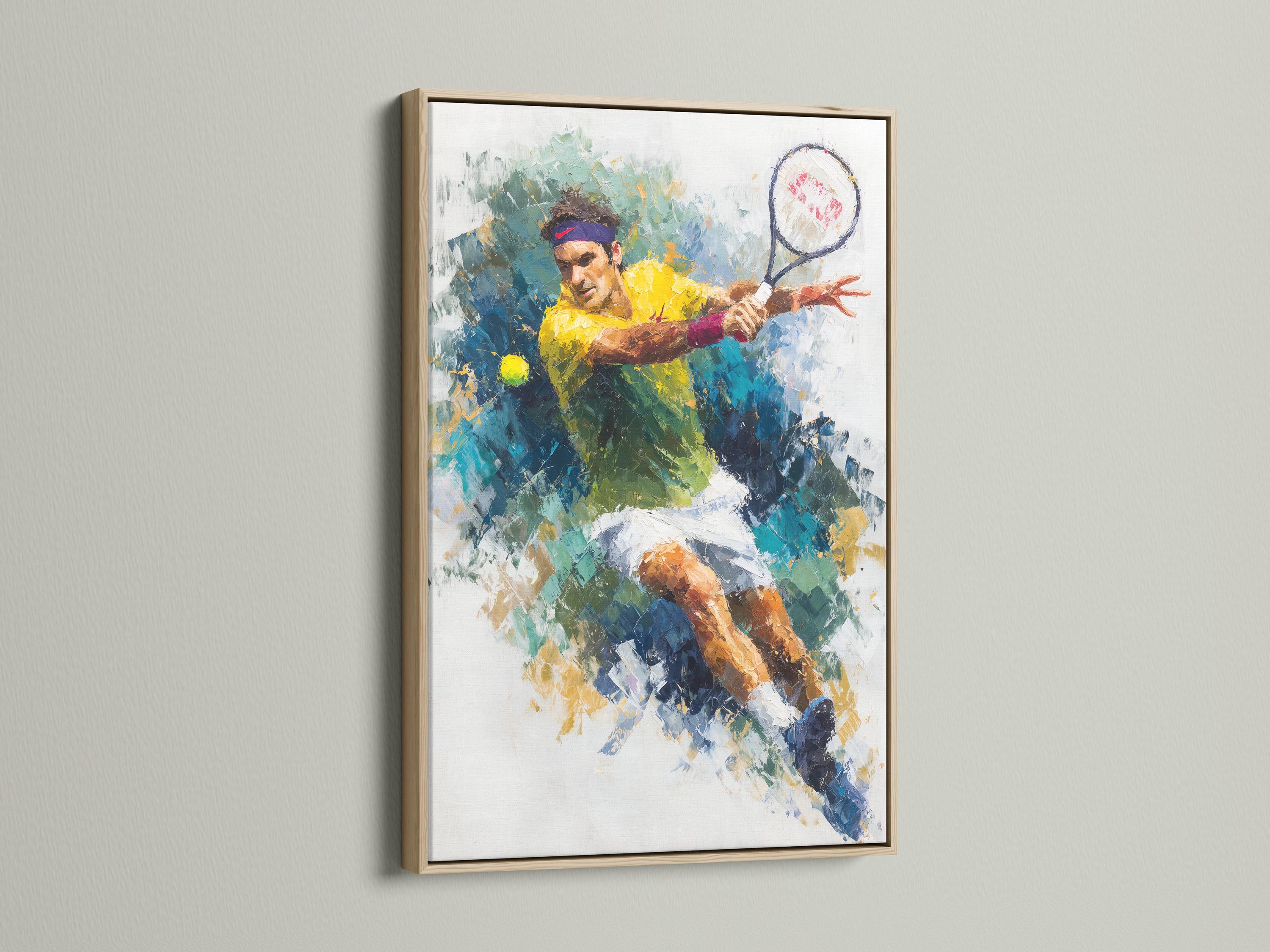 Abstract tennis player artwork in blue, teal, green and yellow with a sweeping racket arc detail view