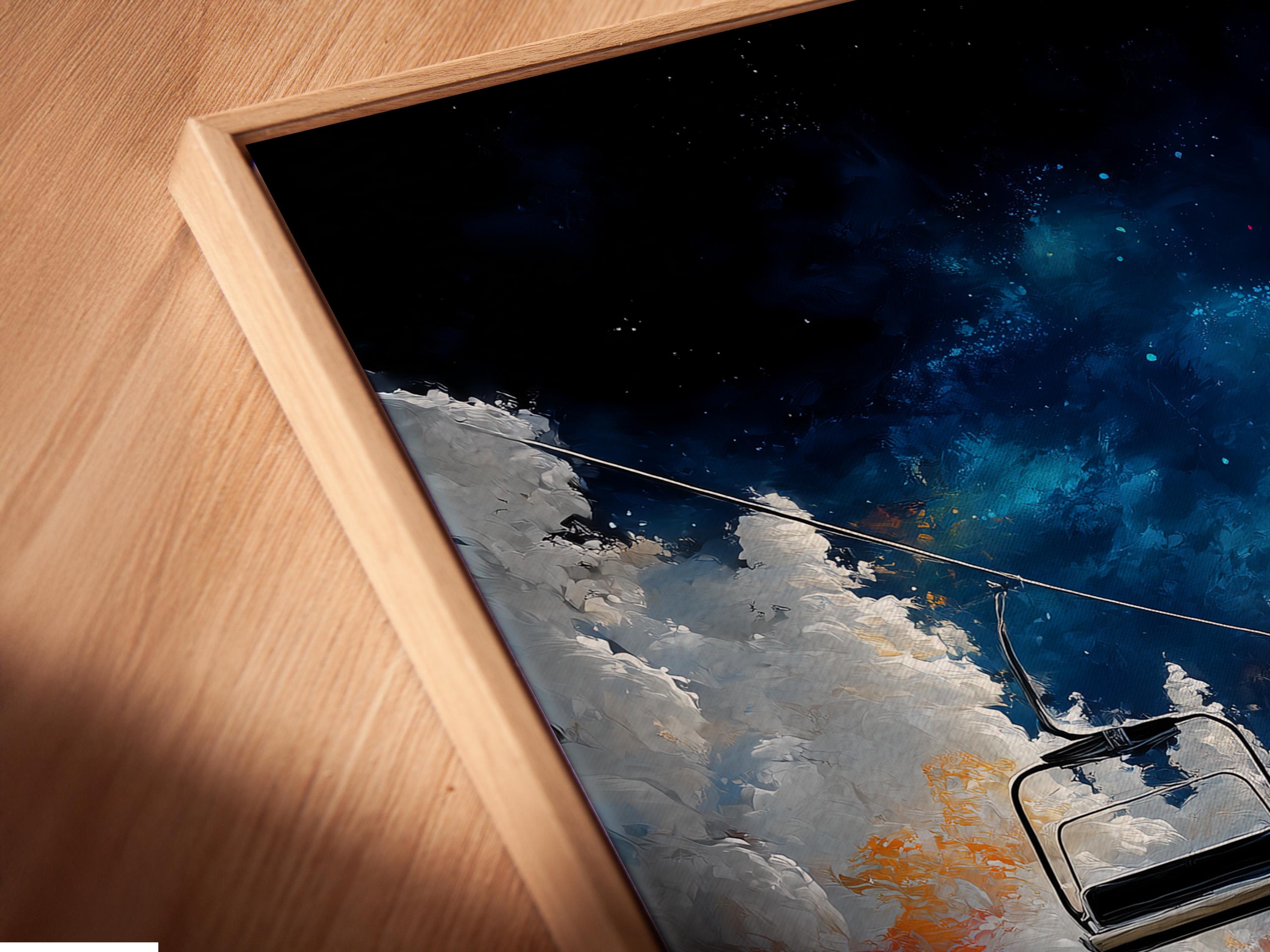 Framed ski lift scene with snowy mountains, chairlift cars and a glowing blue and pink night sky detail view