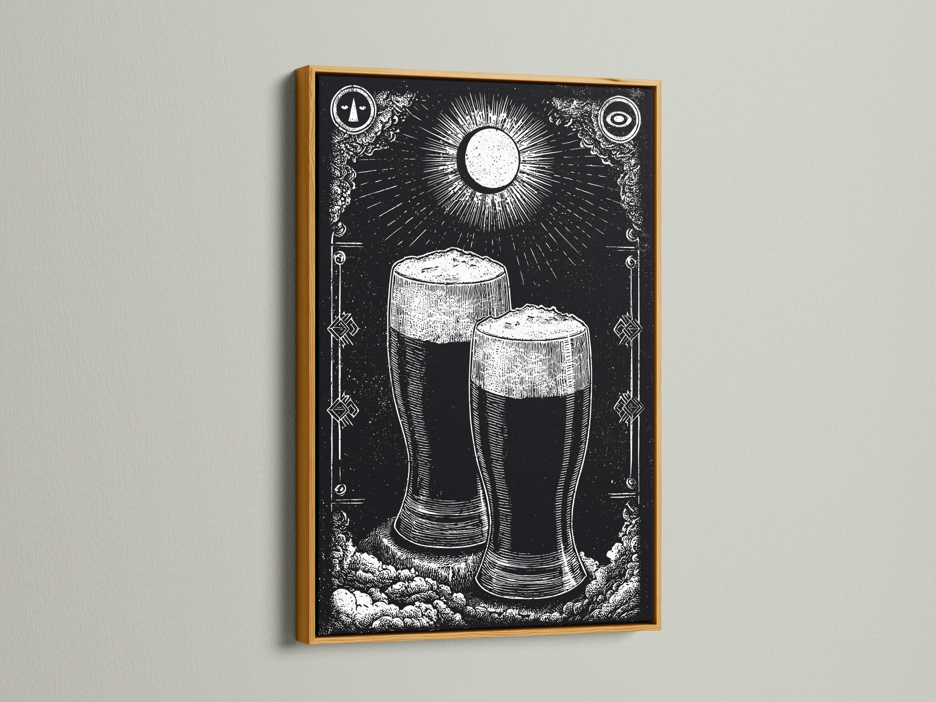 Person holding a framed black-and-white beer mug illustration in a workshop-style bar setting