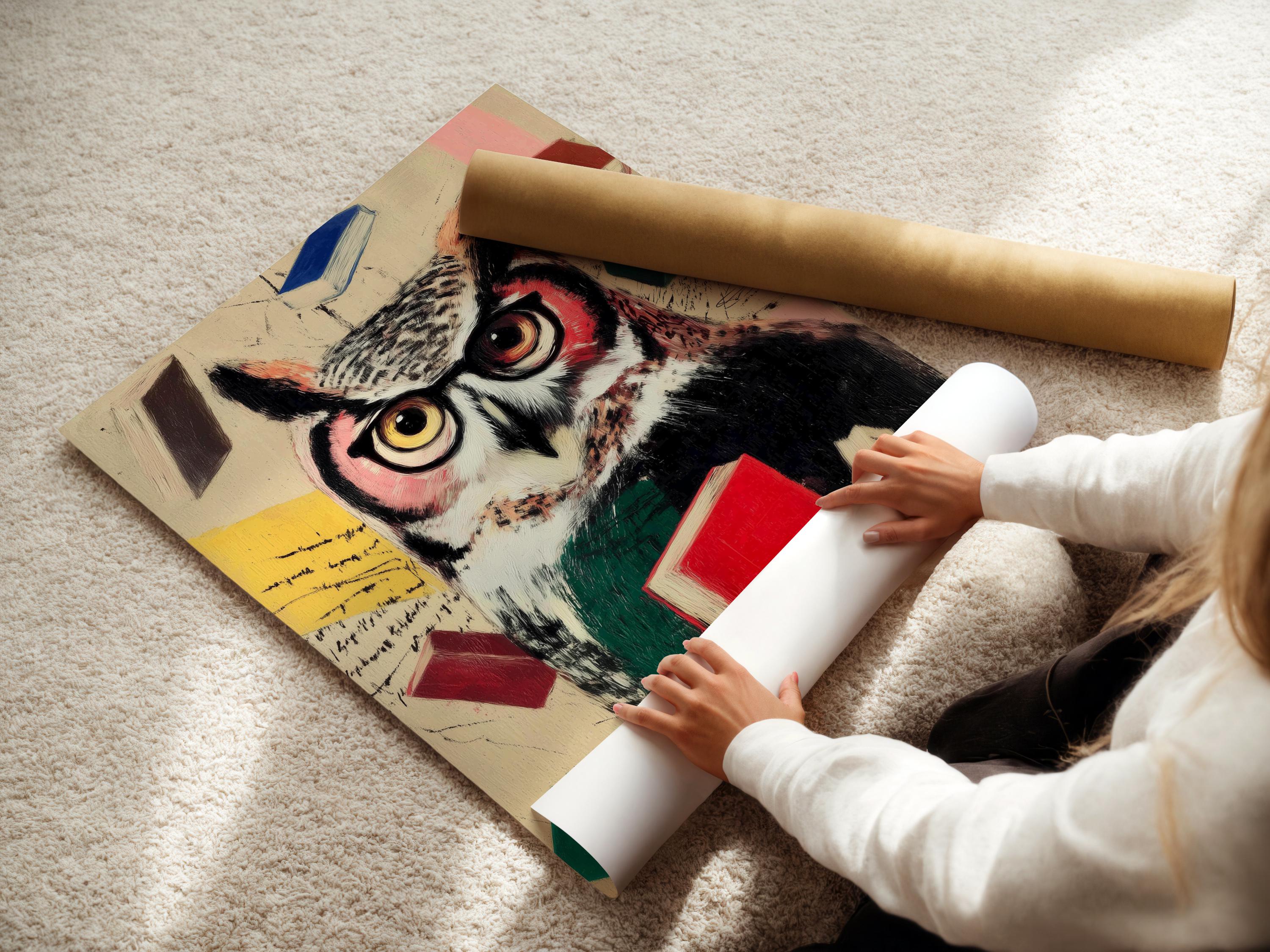 Scholarly owl with round spectacles surrounded by colourful books in a vintage painterly style detail view
