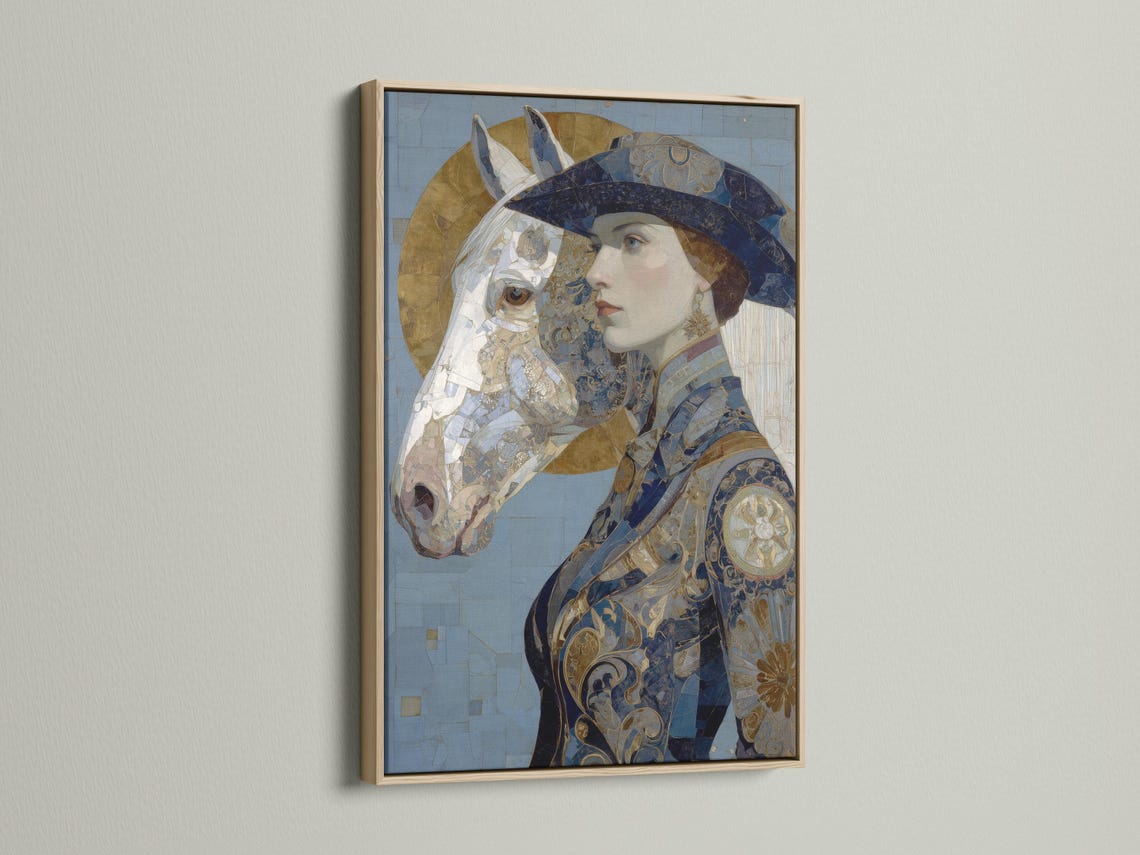 Ornamental blue and gold portrait showing a woman in profile with a horse head beside her detail view