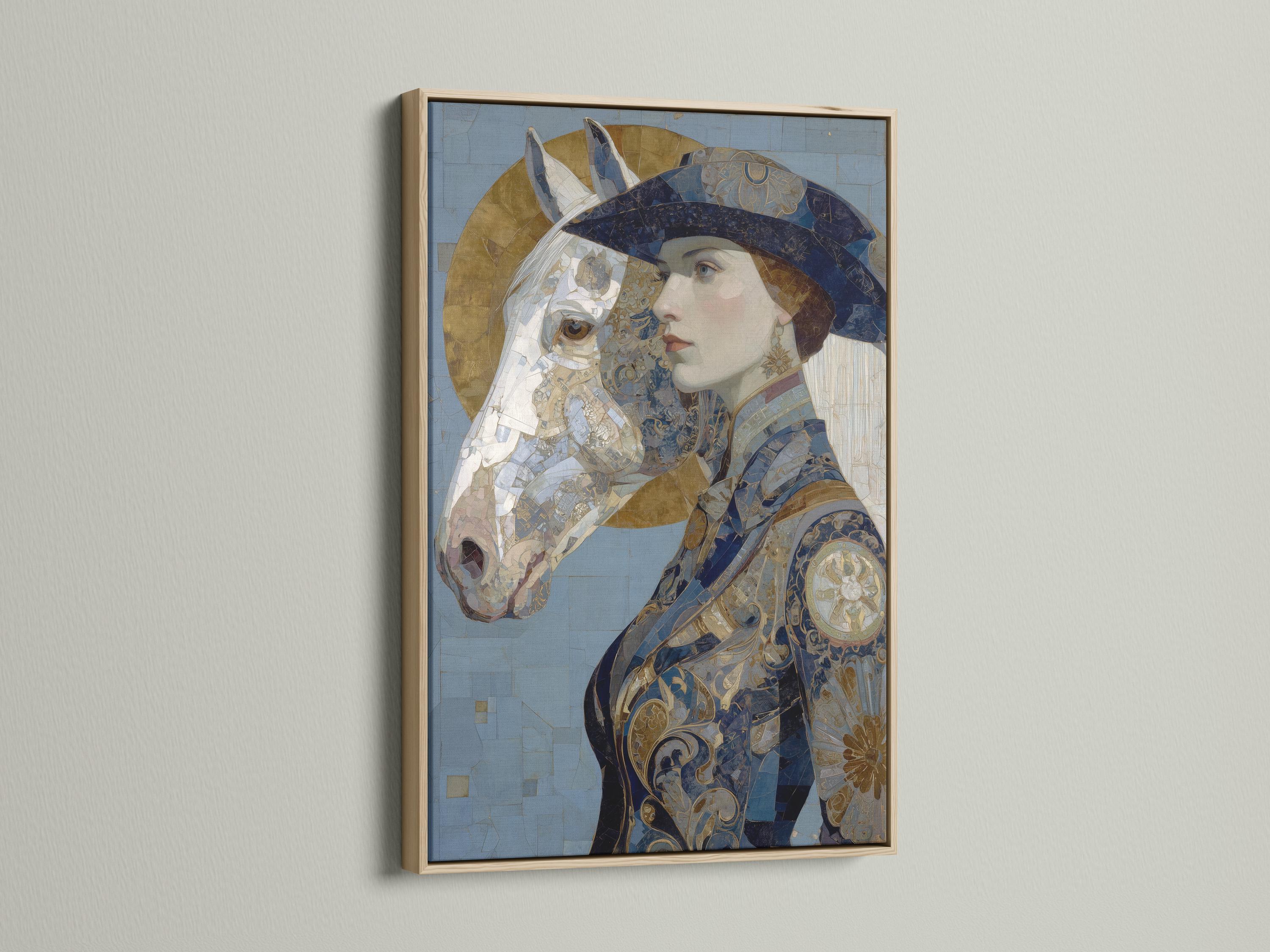 Ornamental blue and gold portrait showing a woman in profile with a horse head beside her detail view