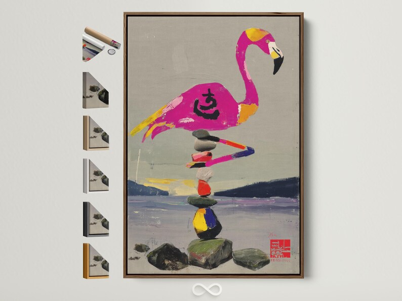 Stylised pink flamingo balancing on a stack of multicoloured stones
