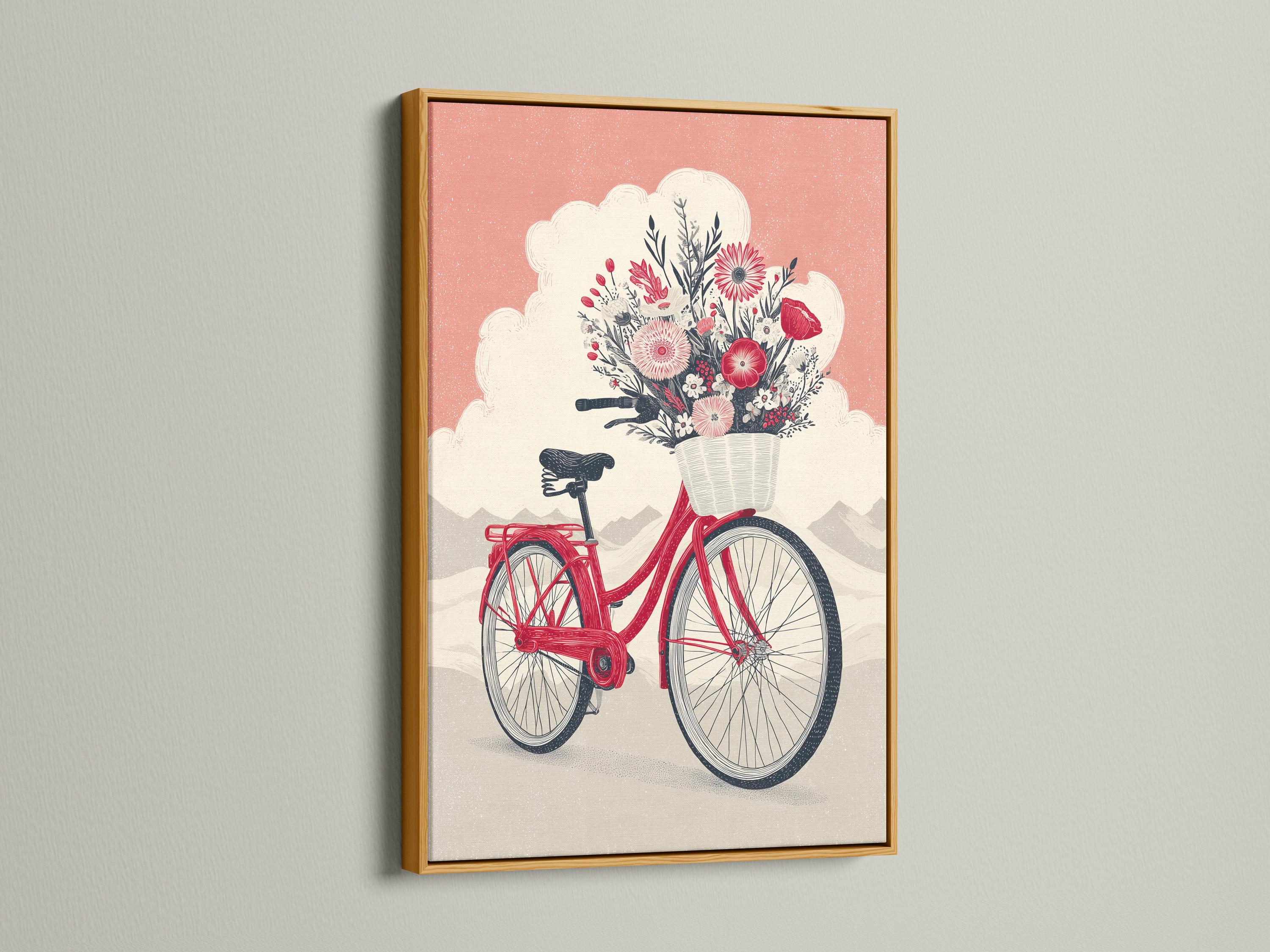 A red bicycle is decorated with a large bouquet of flowers and leaves, set against a dusty pink sky and pale landscape shapes detail view