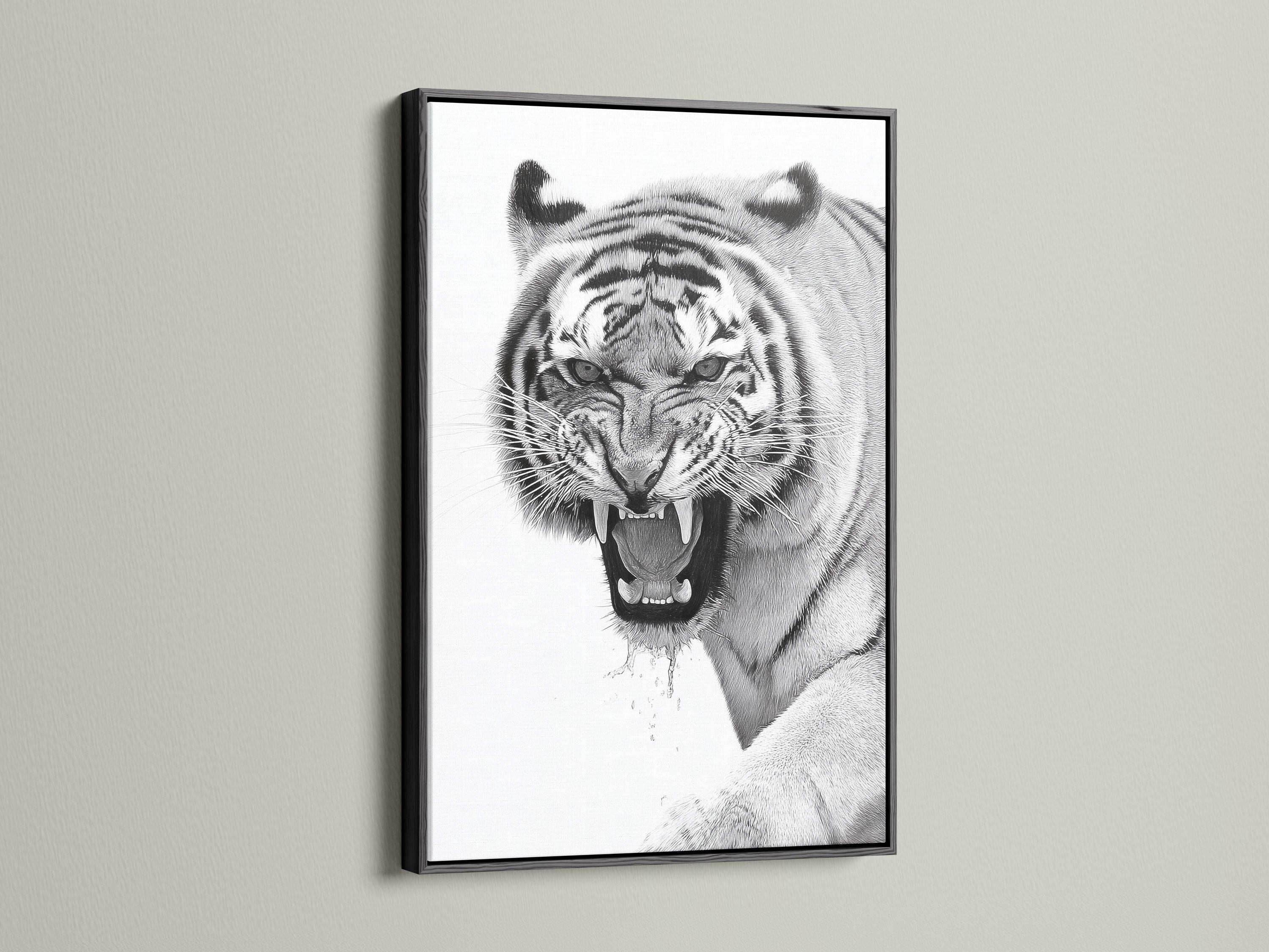 Framed monochrome tiger portrait mockup on a light background with additional display props