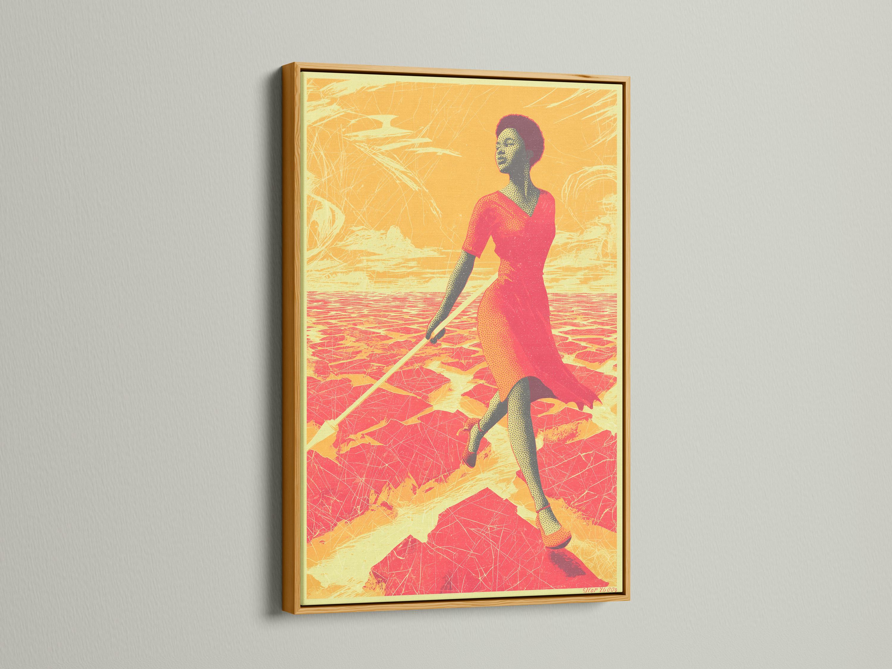 Red and gold desert scene with a woman in profile walking forward detail view