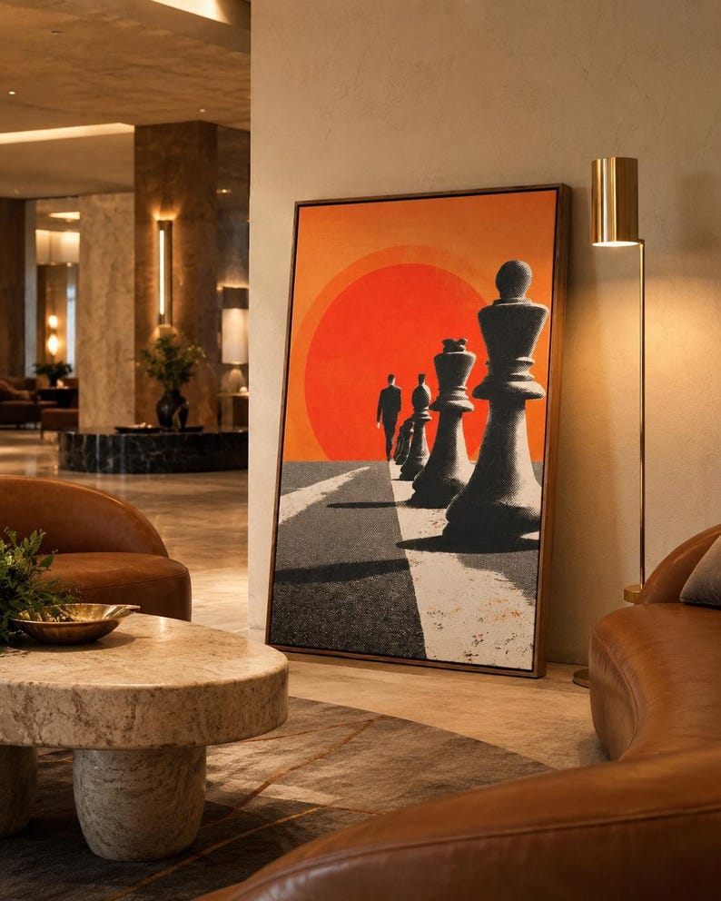 Black chess pieces on a red-orange circular sunset with diagonal shadows