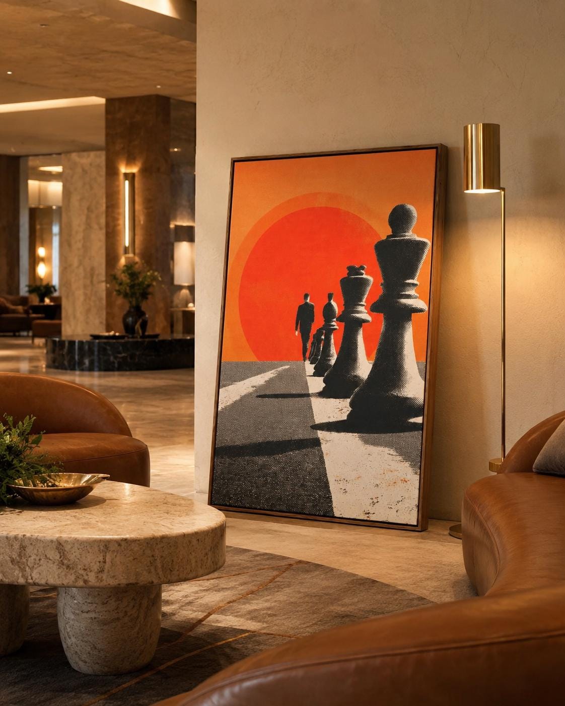 Black chess pieces on a red-orange circular sunset with diagonal shadows