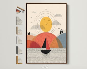 Abstract Seascape Canvas Print - Geometric Sailboat Wall Art, Modern Nautical Decor for Living Room, Orange & Blue Coastal Art, Beach House