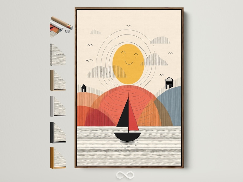 Geometric sailboat scene with a smiling yellow sun, wavy water lines, and layered hills in coral and blue