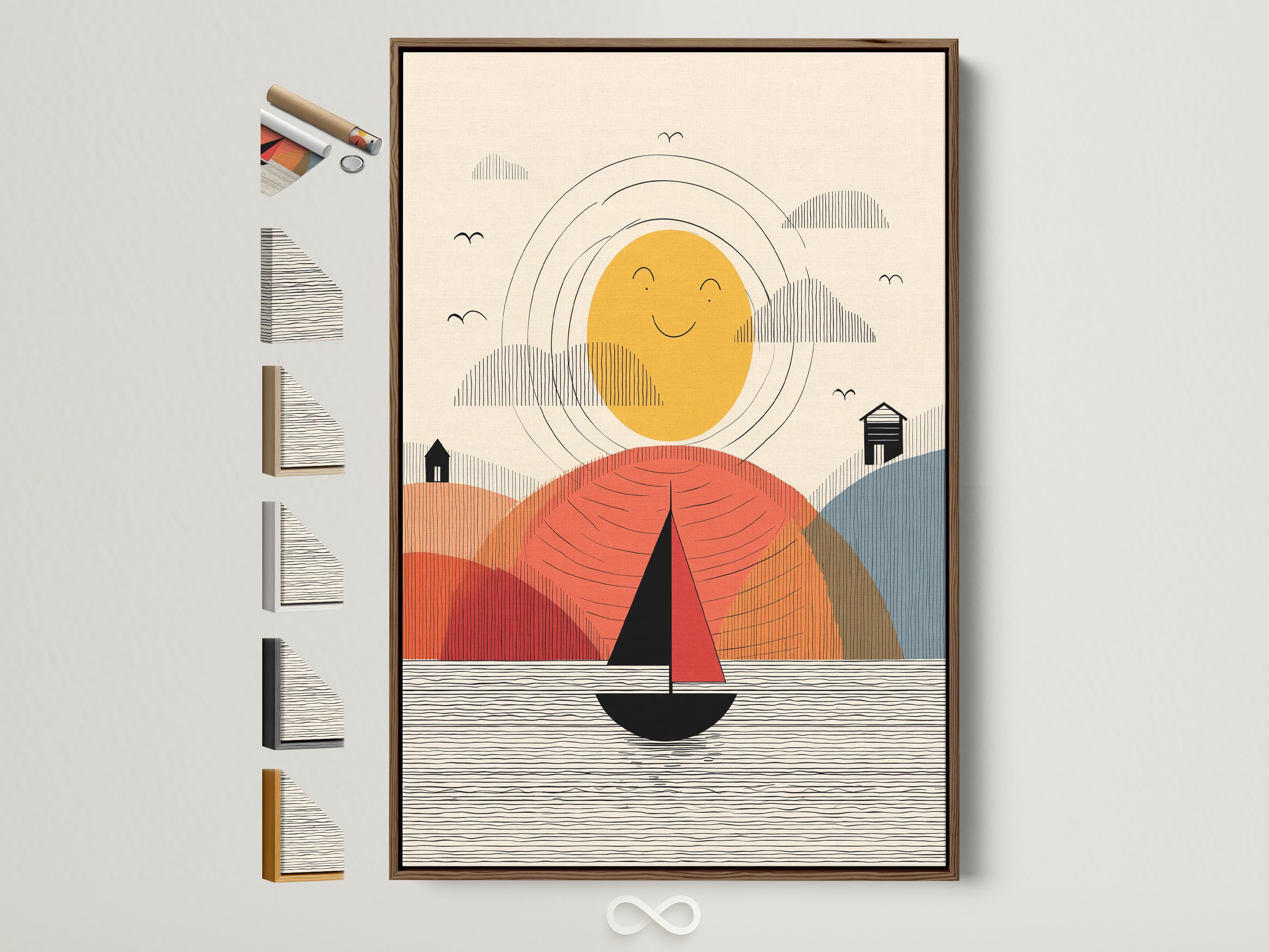 Geometric sailboat scene with a smiling yellow sun, wavy water lines, and layered hills in coral and blue