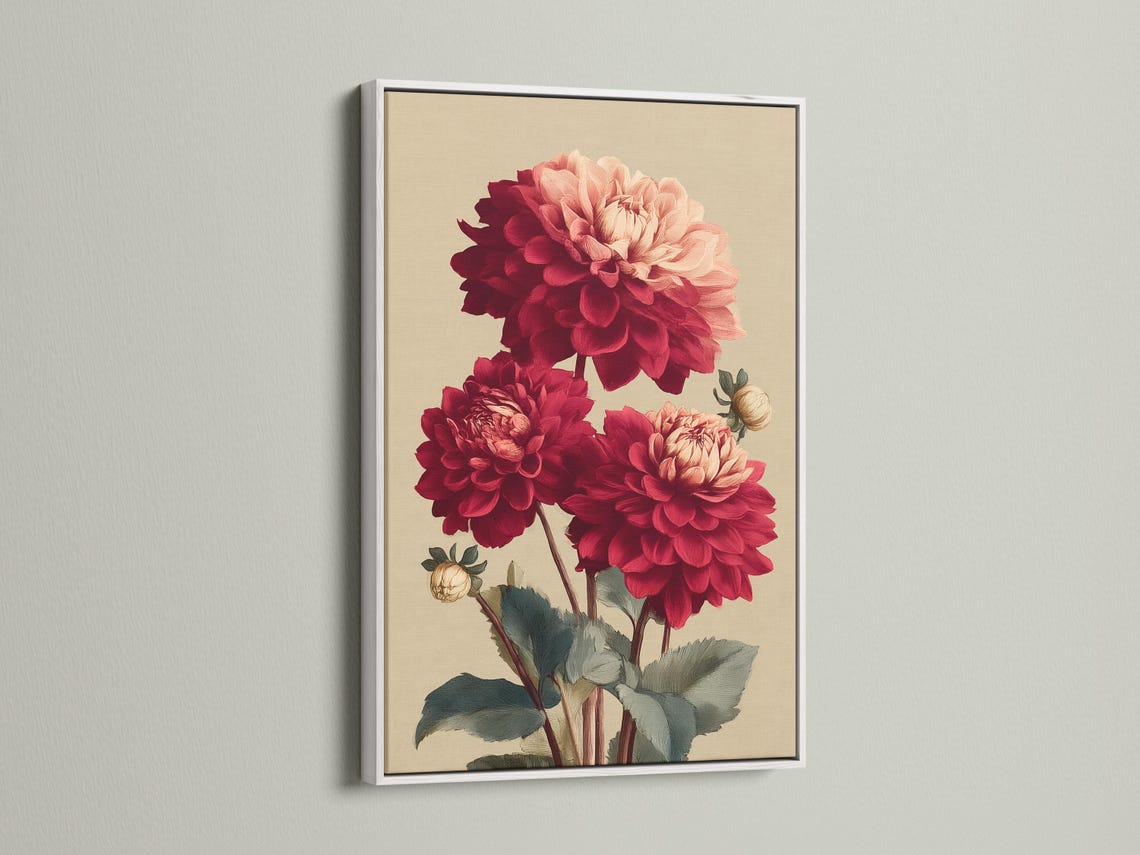 Room mockup featuring framed artwork with burgundy and pale pink dahlias and dark green leaves on a cream background