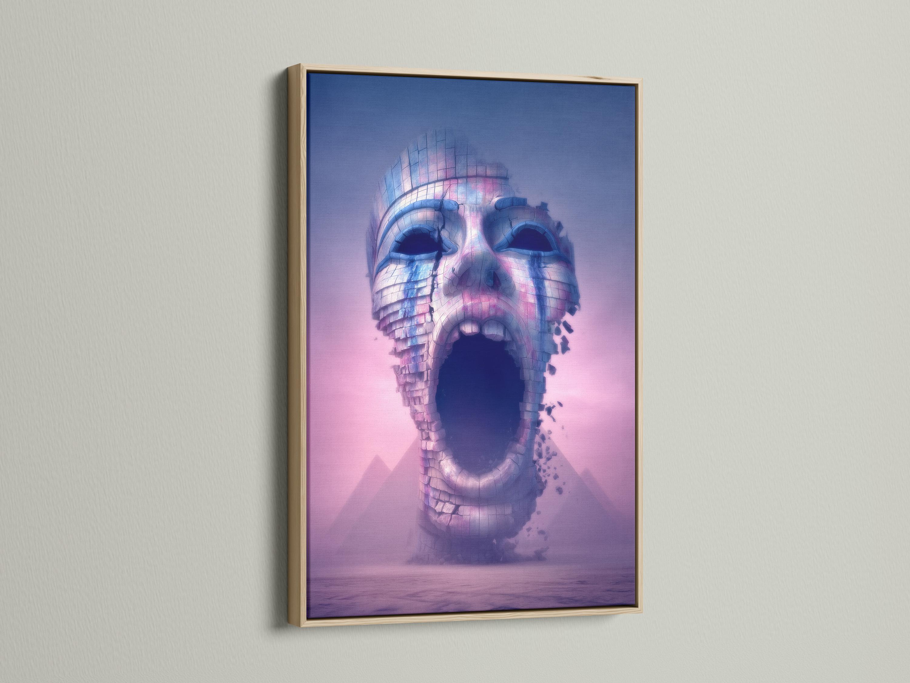 Portrait artwork of a surreal textured face in blue and pink-violet tones displayed in a mockup