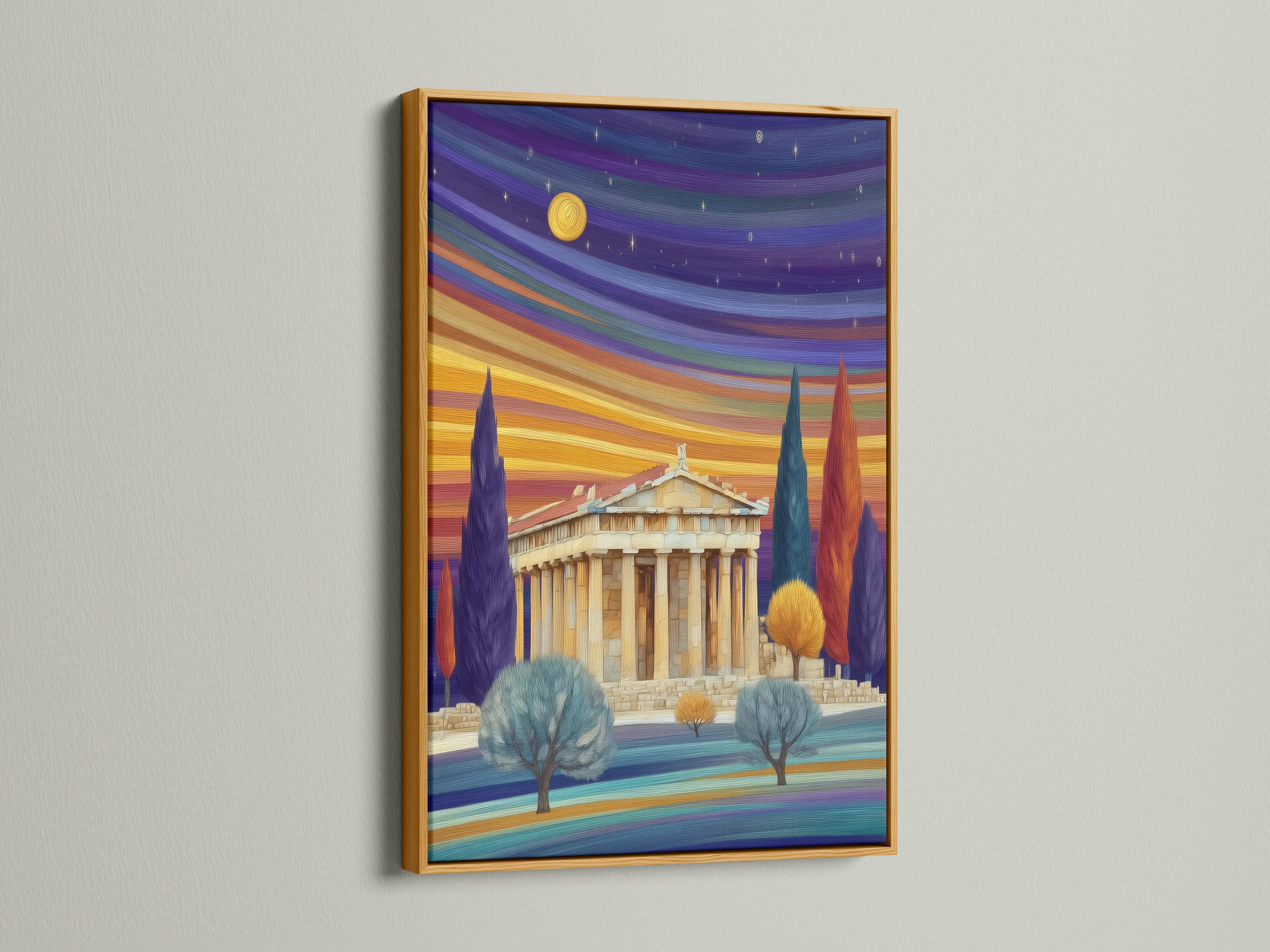 Stylised ancient temple scene with purple and gold sunset sky, stars, and cypress-like trees detail view