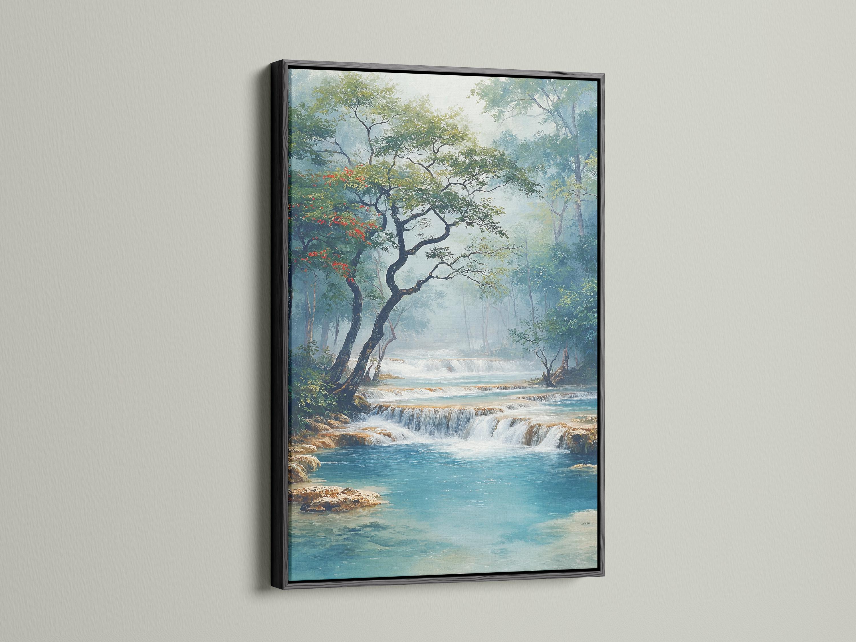 Painterly teal waterfall landscape framed by green trees and red blossoms detail view