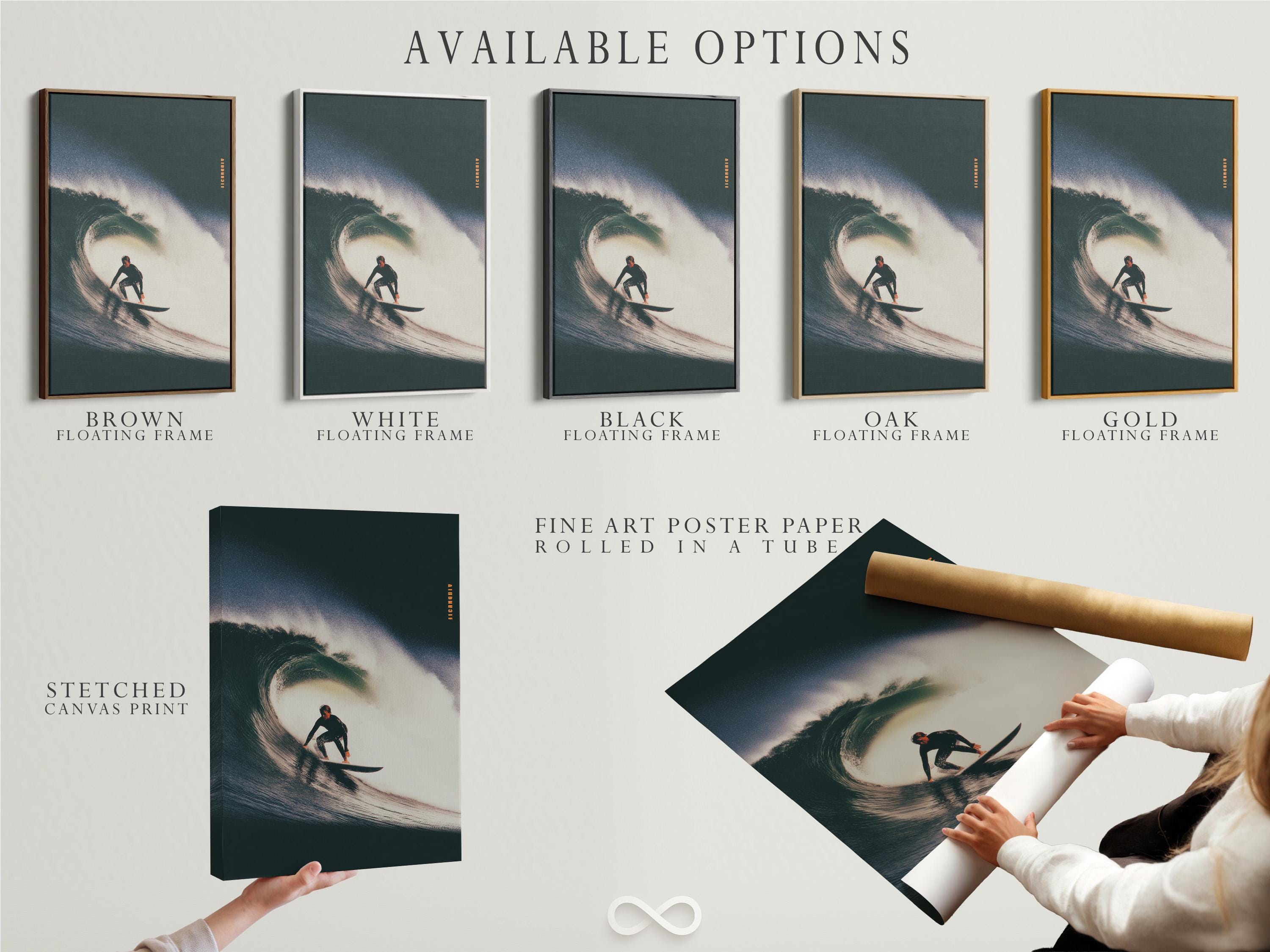 Surfer riding a curling wave, shown in dark teal ocean tones with bright white foam and spray mist detail view