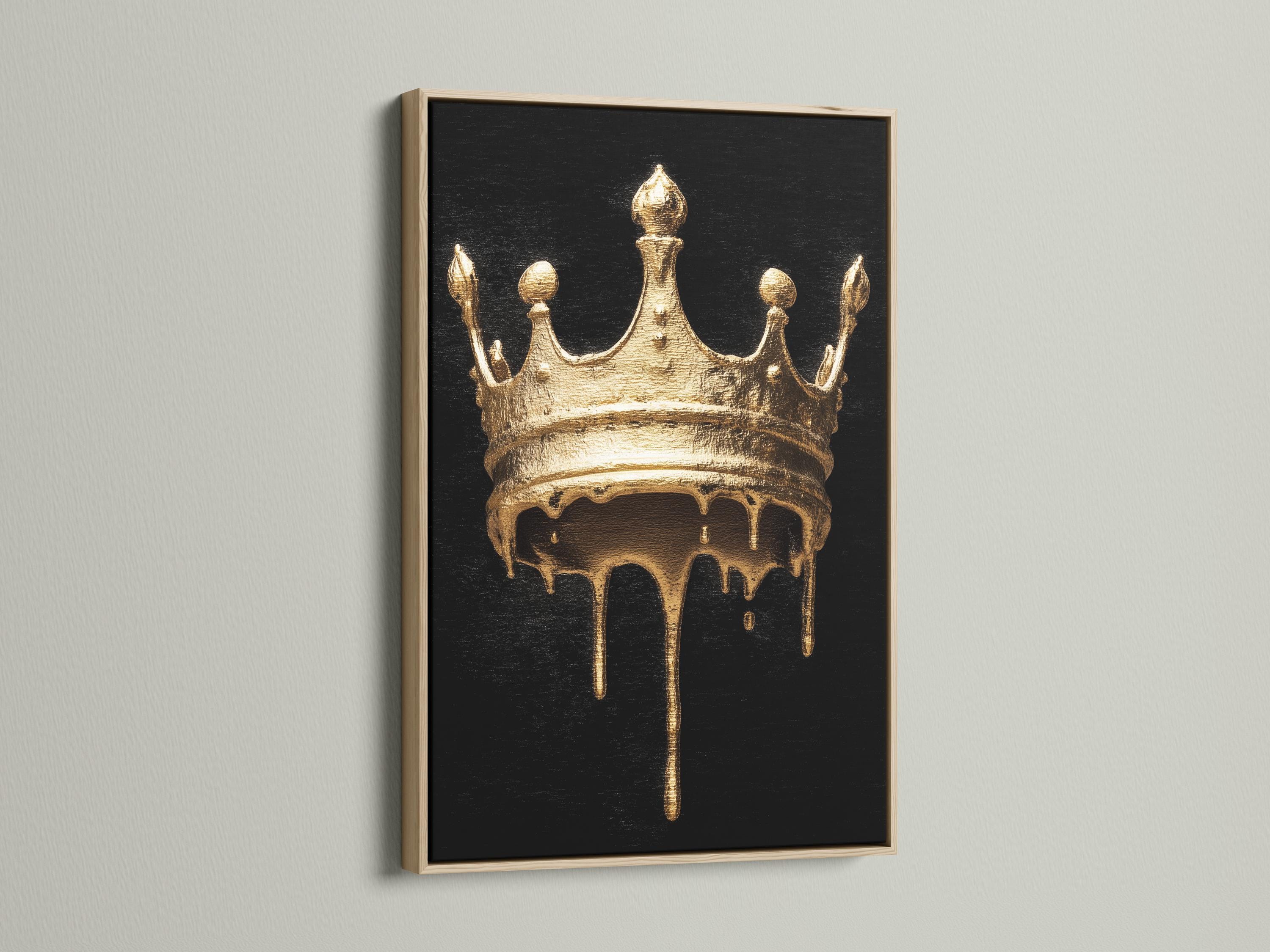 Person in a clothing store viewing a black-and-gold crown artwork on a gallery wall