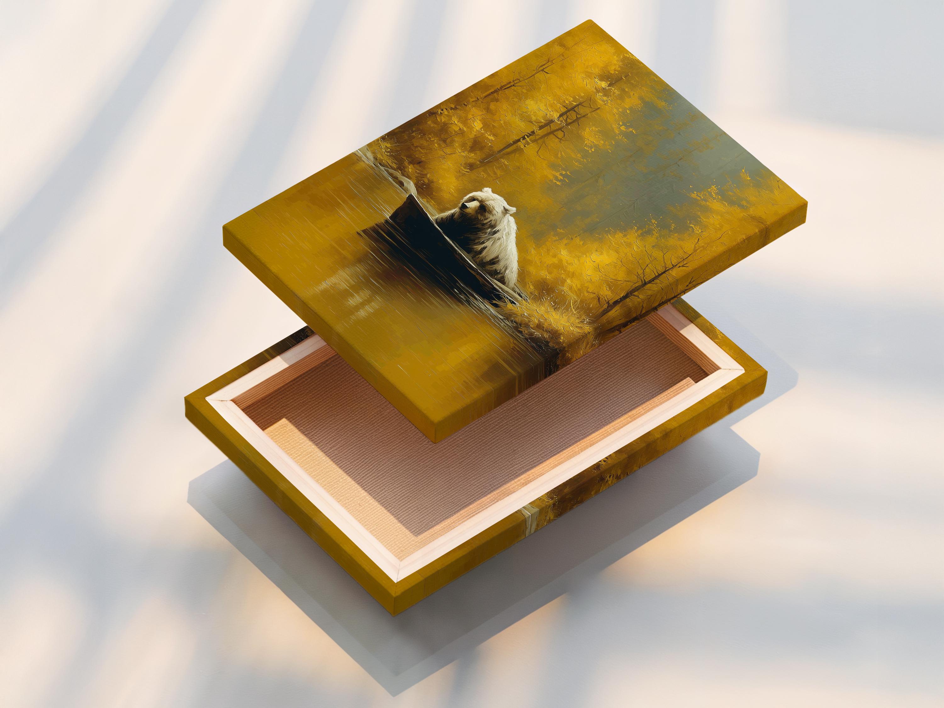 Wall mockup showing a framed bear-in-boat artwork against a light background