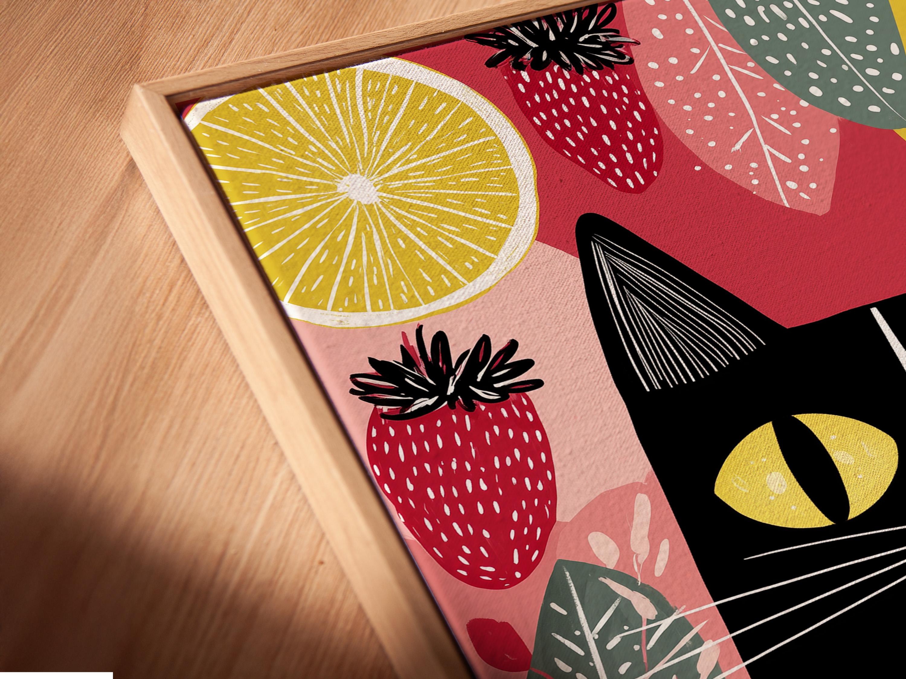 Illustrated black cat with yellow eyes surrounded by strawberries, citrus slices and leaves detail view