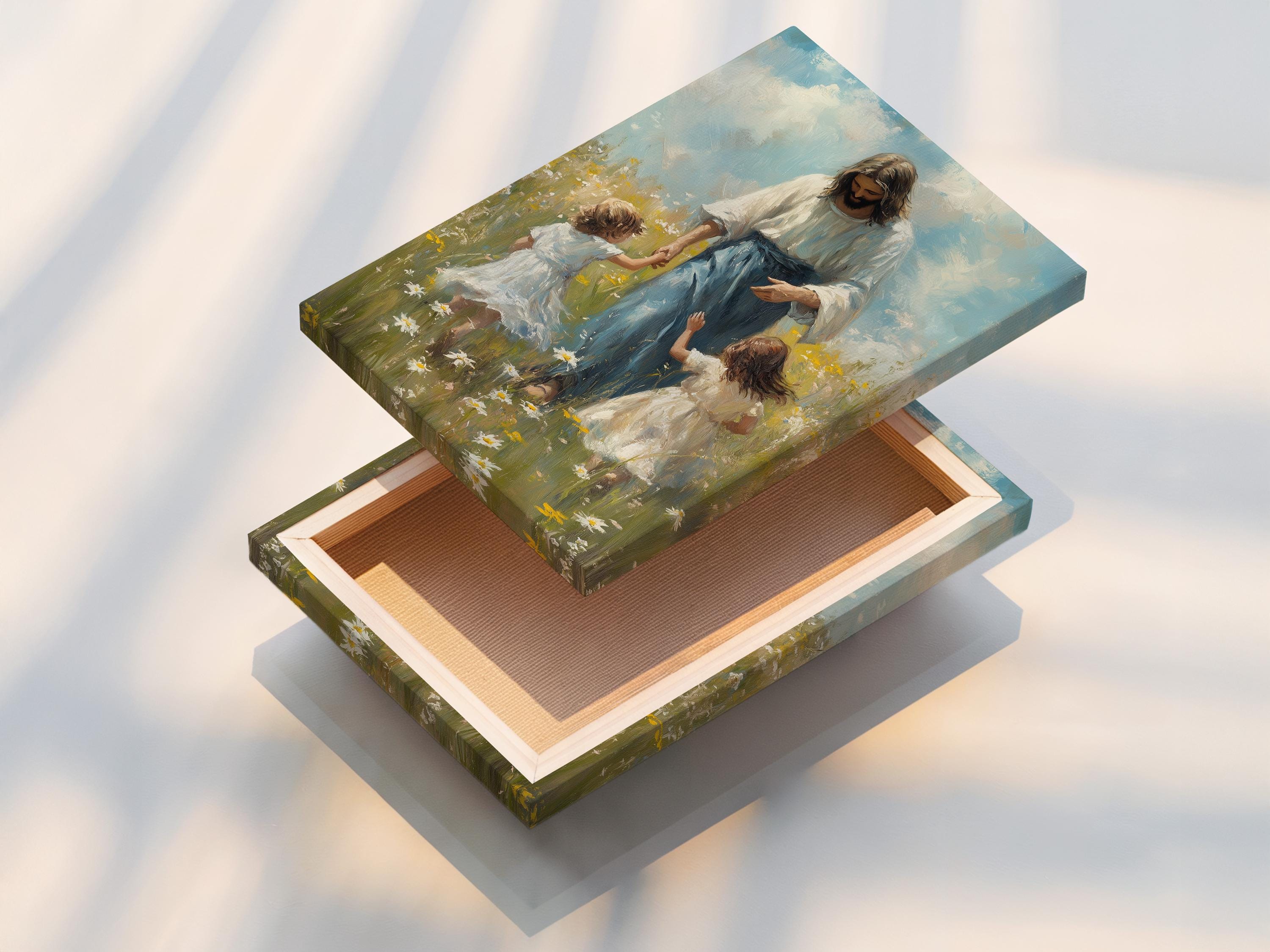 Religious meadow wall art mockup with an ornate frame on a light wall