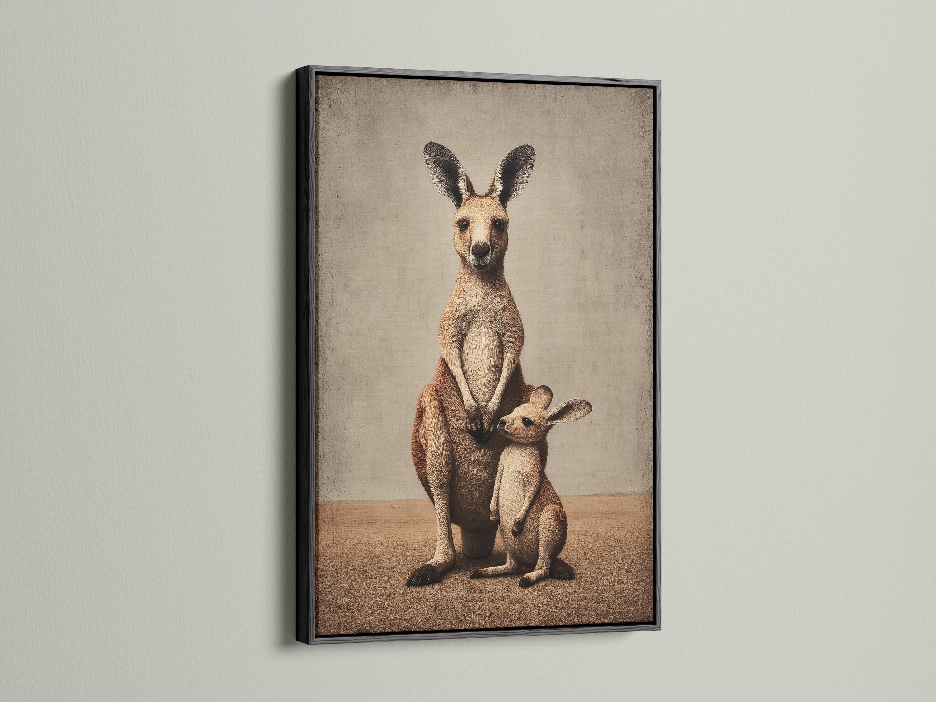 Room mockup showing a framed beige kangaroo mother and joey artwork
