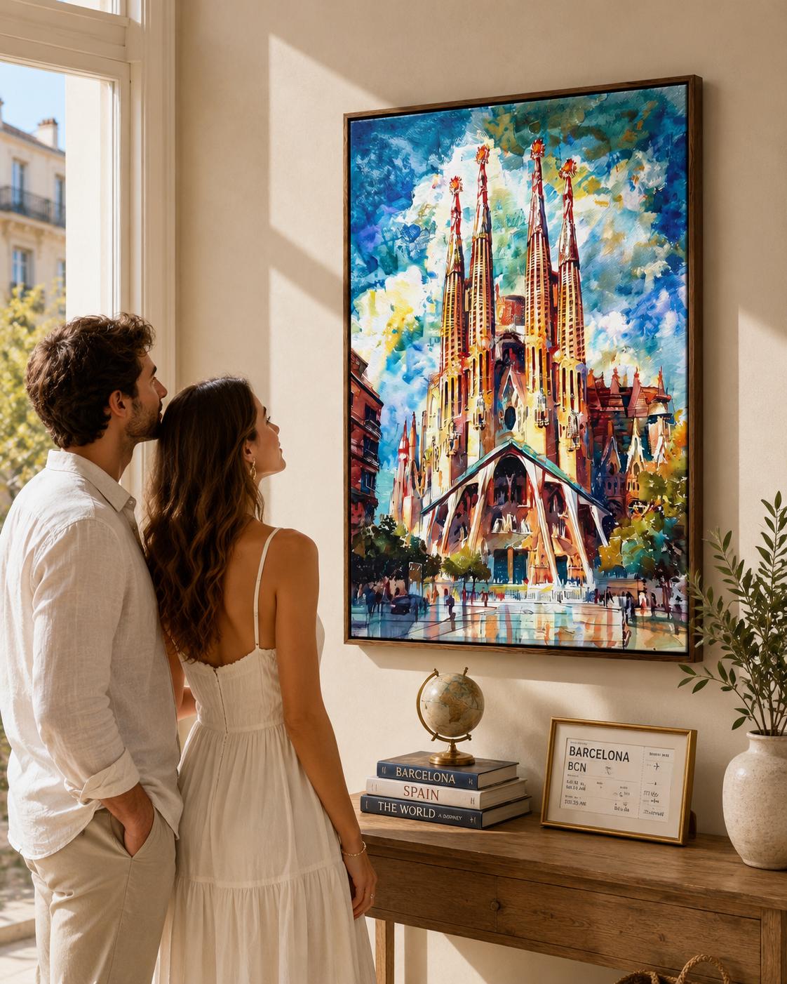 Room mockup showing a framed cathedral spires artwork on a blue wall above a desk
