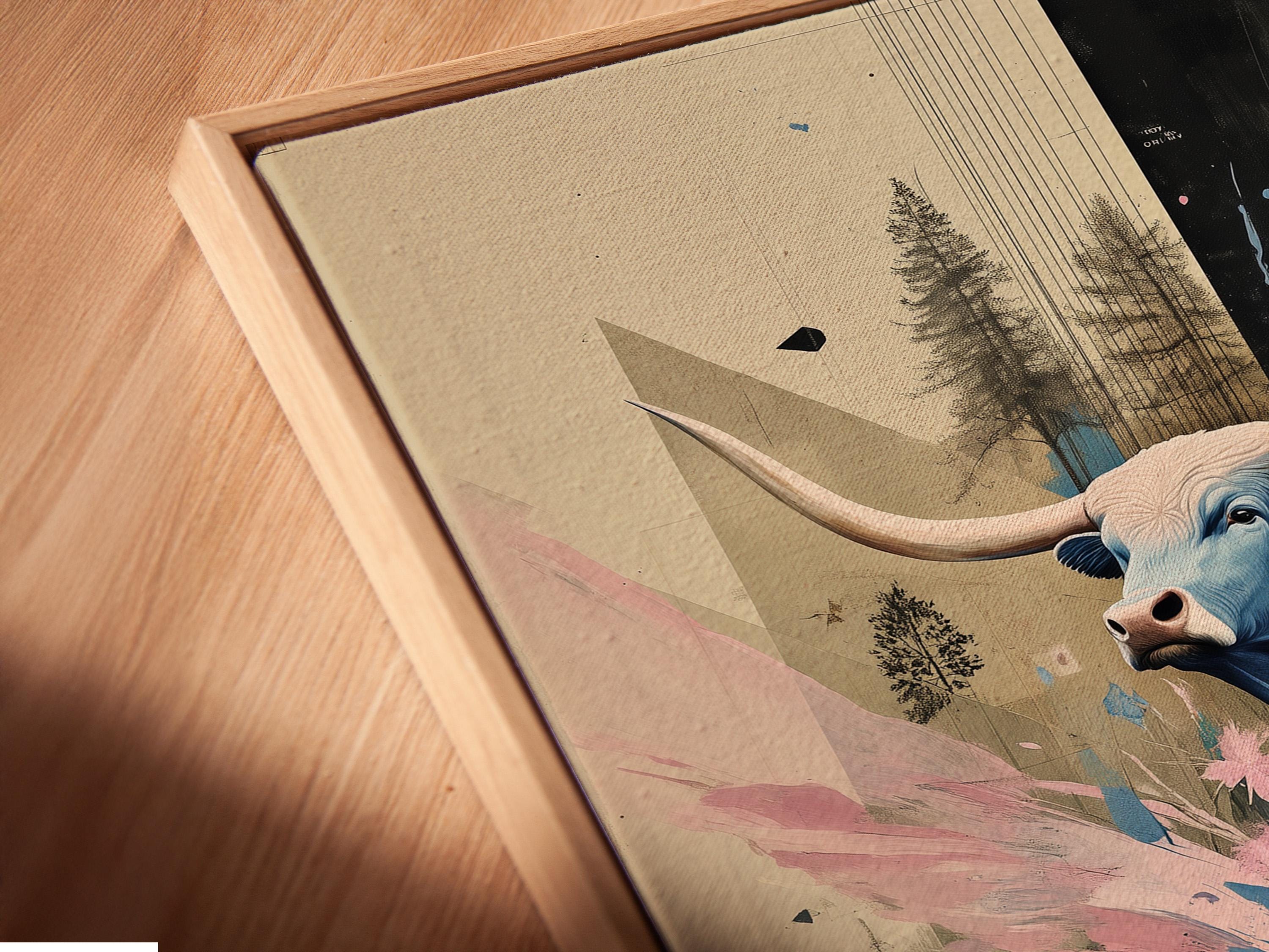 Stylised blue longhorn with horns and pink and blue flowers in a collage-like scene detail view