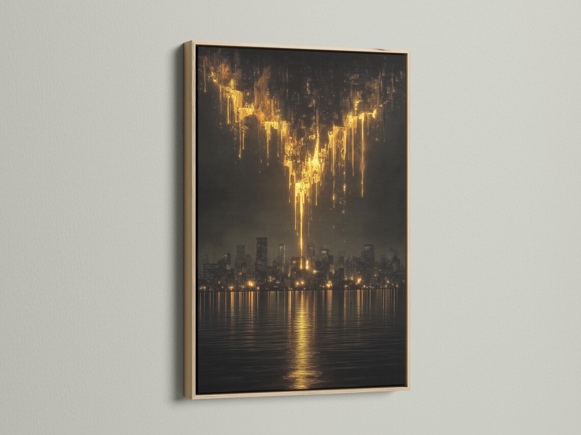 Abstract black and gold night cityscape with golden light streaks and water reflections detail view