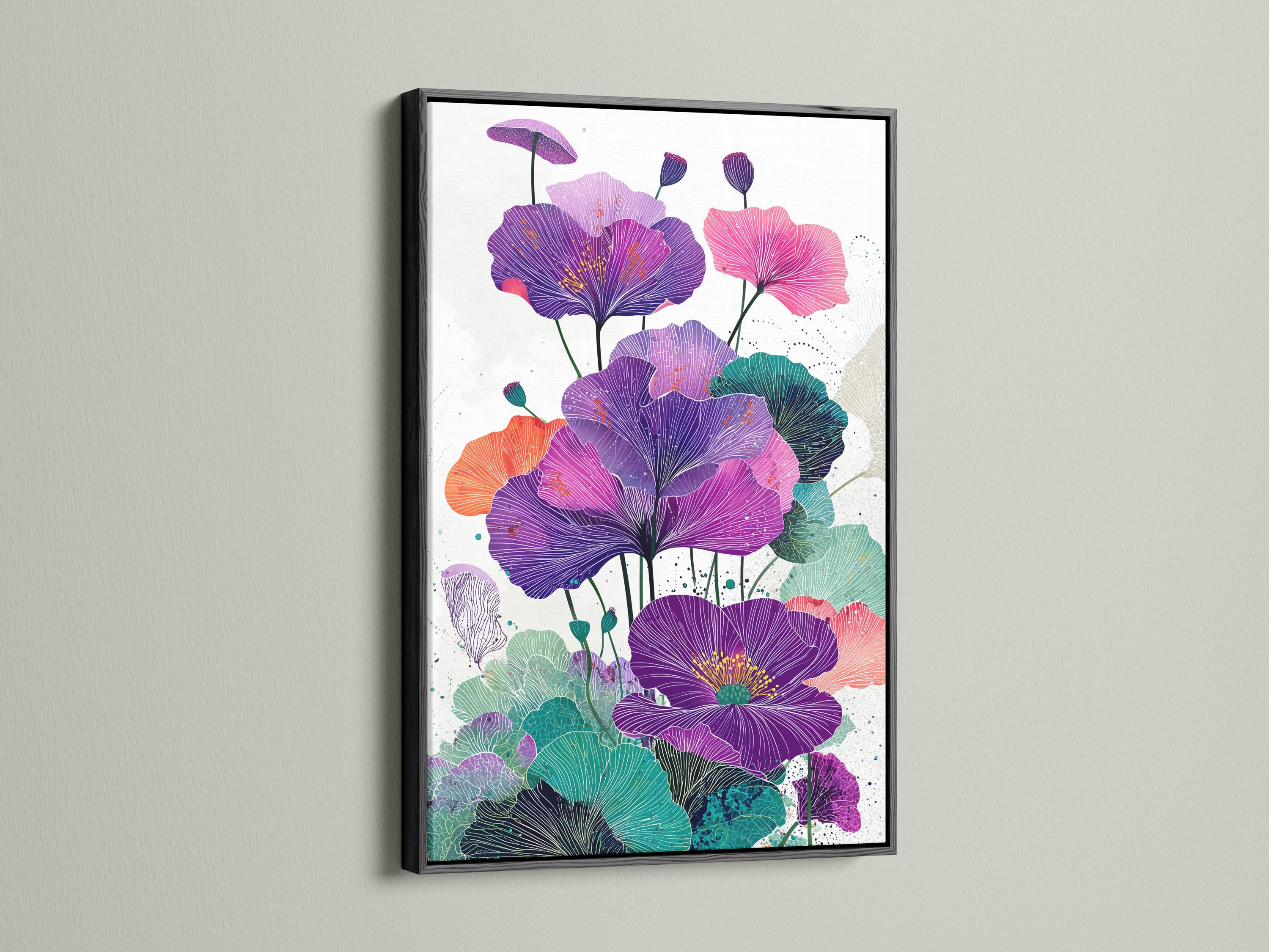 Botanical wall art showing purple flowers with teal leaves and pink accents in a framed layout