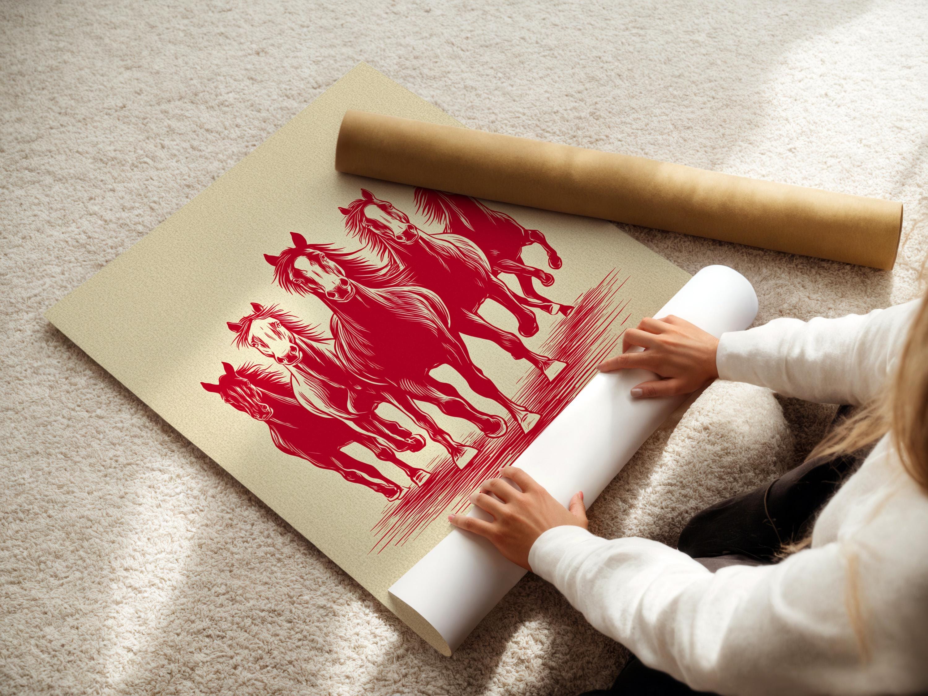 Red silhouette of four running horses on a cream background with striped ground detail view