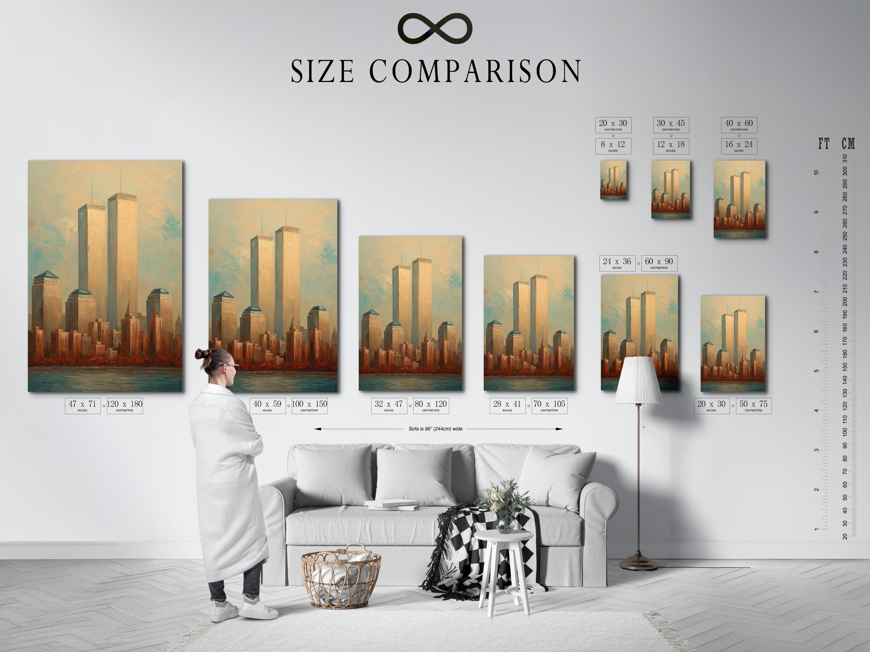 Stylised skyline with two twin towers, warm beige buildings and blue-green water foreground detail view