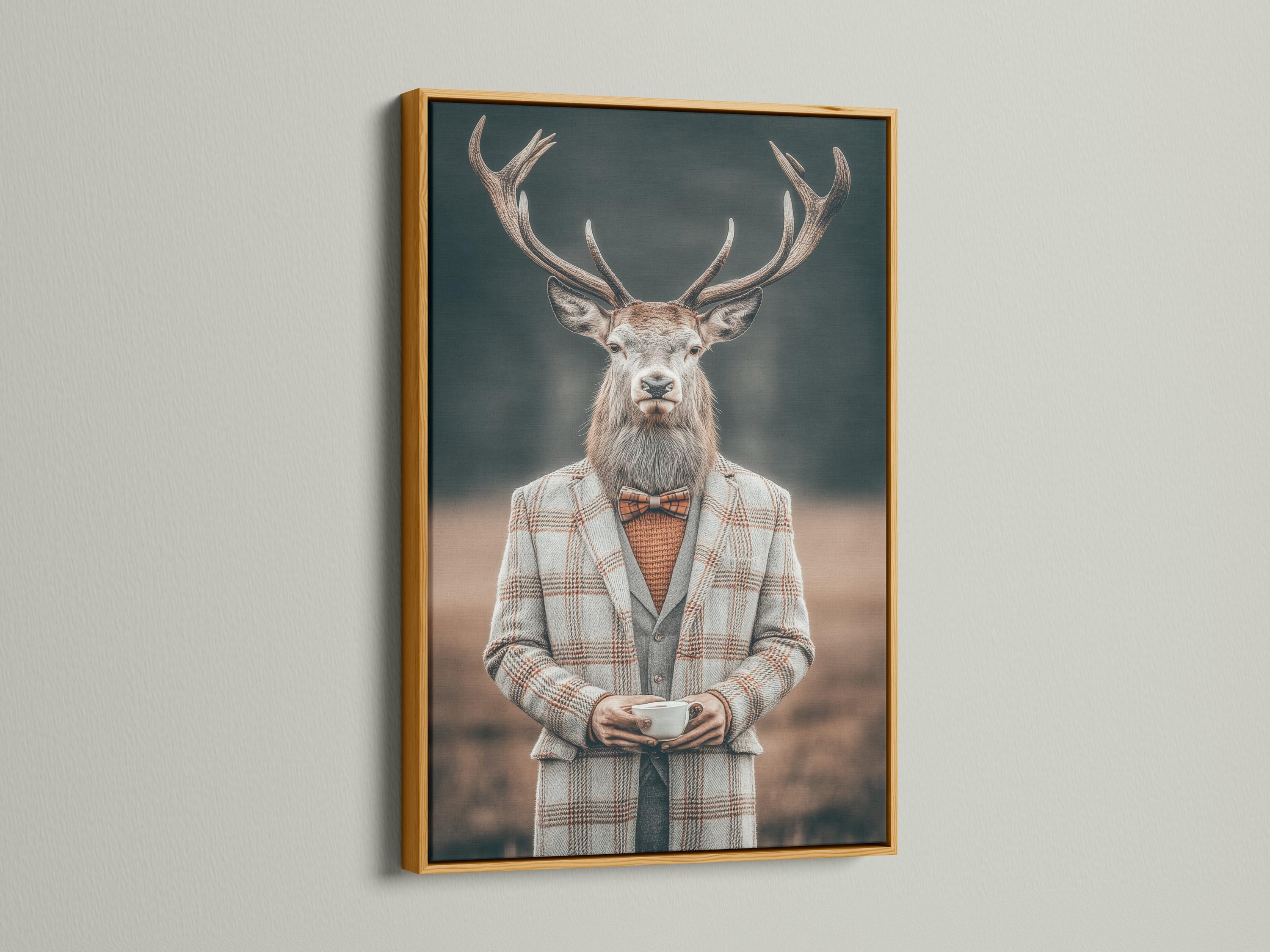 Gentleman deer portrait with antlers wearing a grey plaid suit, bow tie and holding a cup detail view