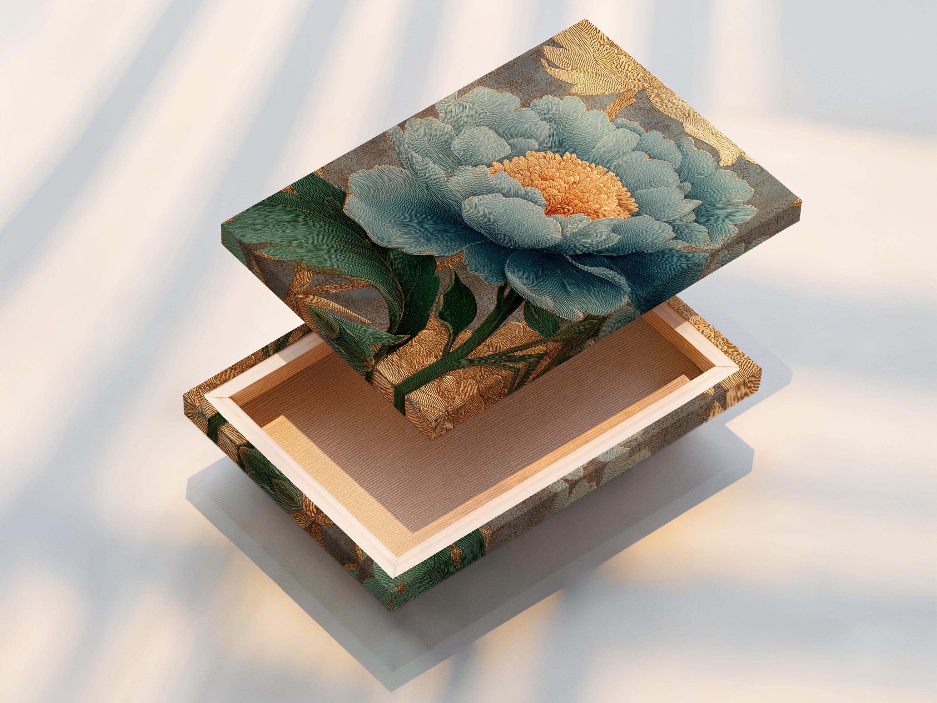 Teal peony with gold accents and green leaves on a textured grey background detail view