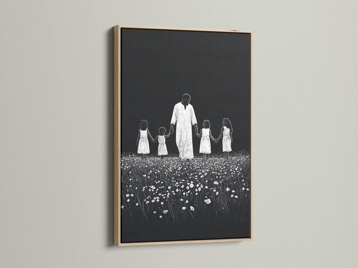 Monochrome line-art family scene of a father holding daughters’ hands in a flower field detail view